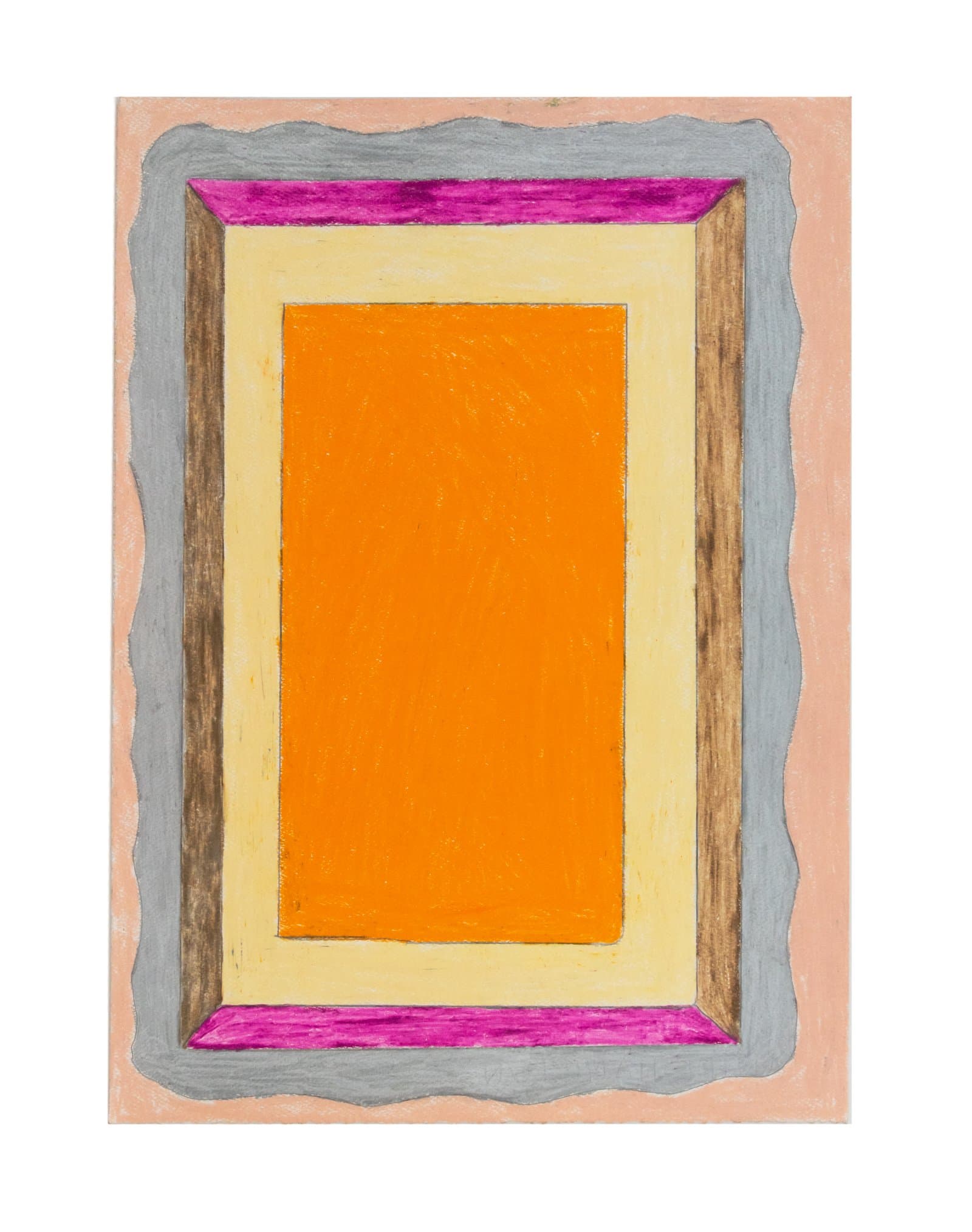 Colored pencil drawing of nested rectangles in orange, yellow, brown, magenta, gray, and peach on white paper.