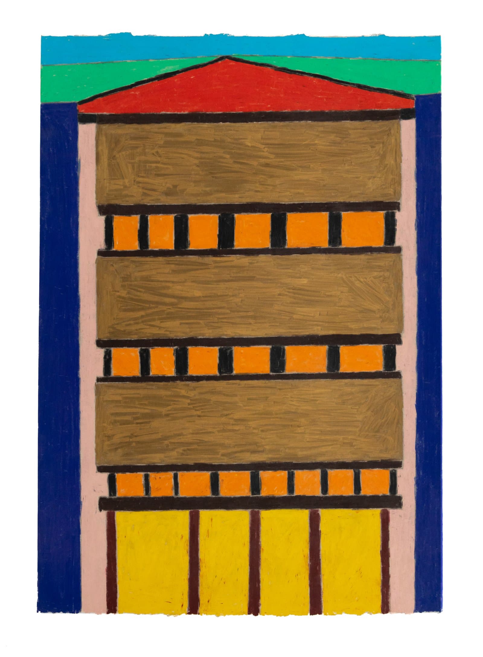 Colored pencil drawing of a flat-fronted multi-story building with a red roof, orange windows, and yellow base on paper.