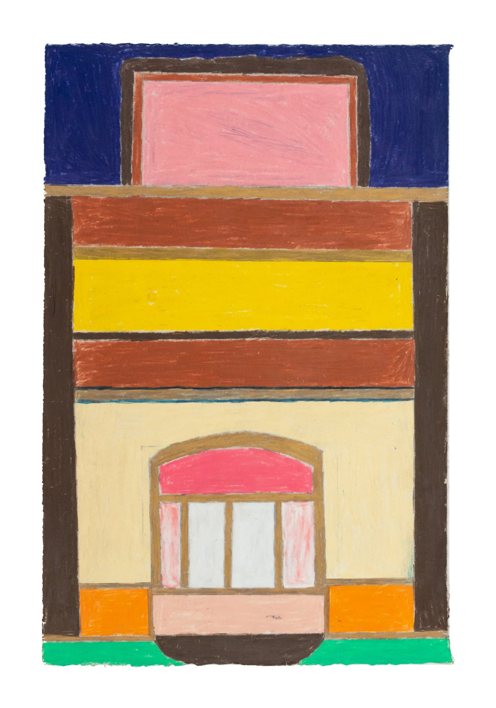 Colored pencil drawing of a simplified building facade with bold horizontal bands in pink, yellow, red, and orange on white paper.