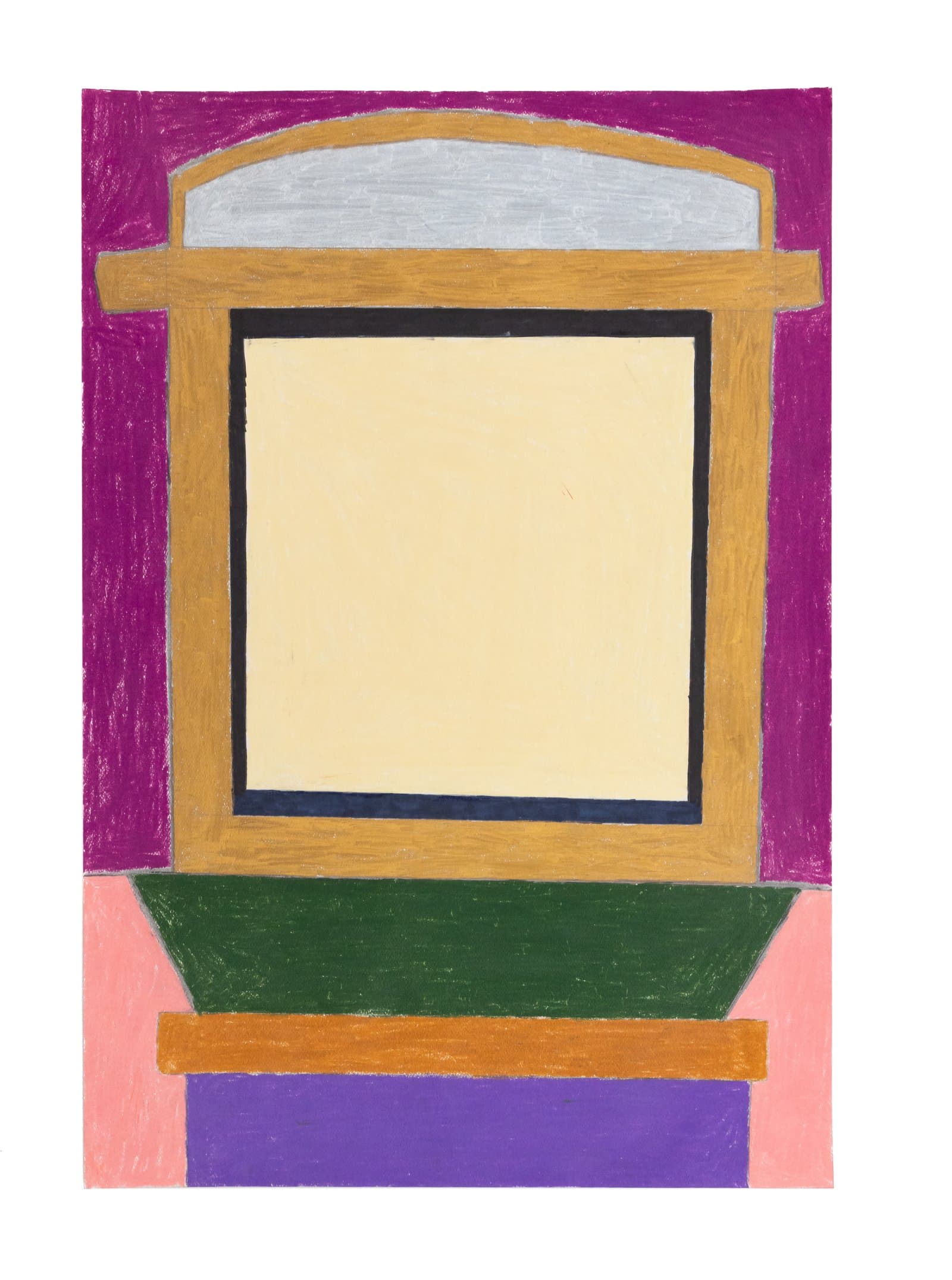 Colored pencil drawing of a stylized architectural facade with geometric shapes in magenta, gold, yellow, green, and purple.
