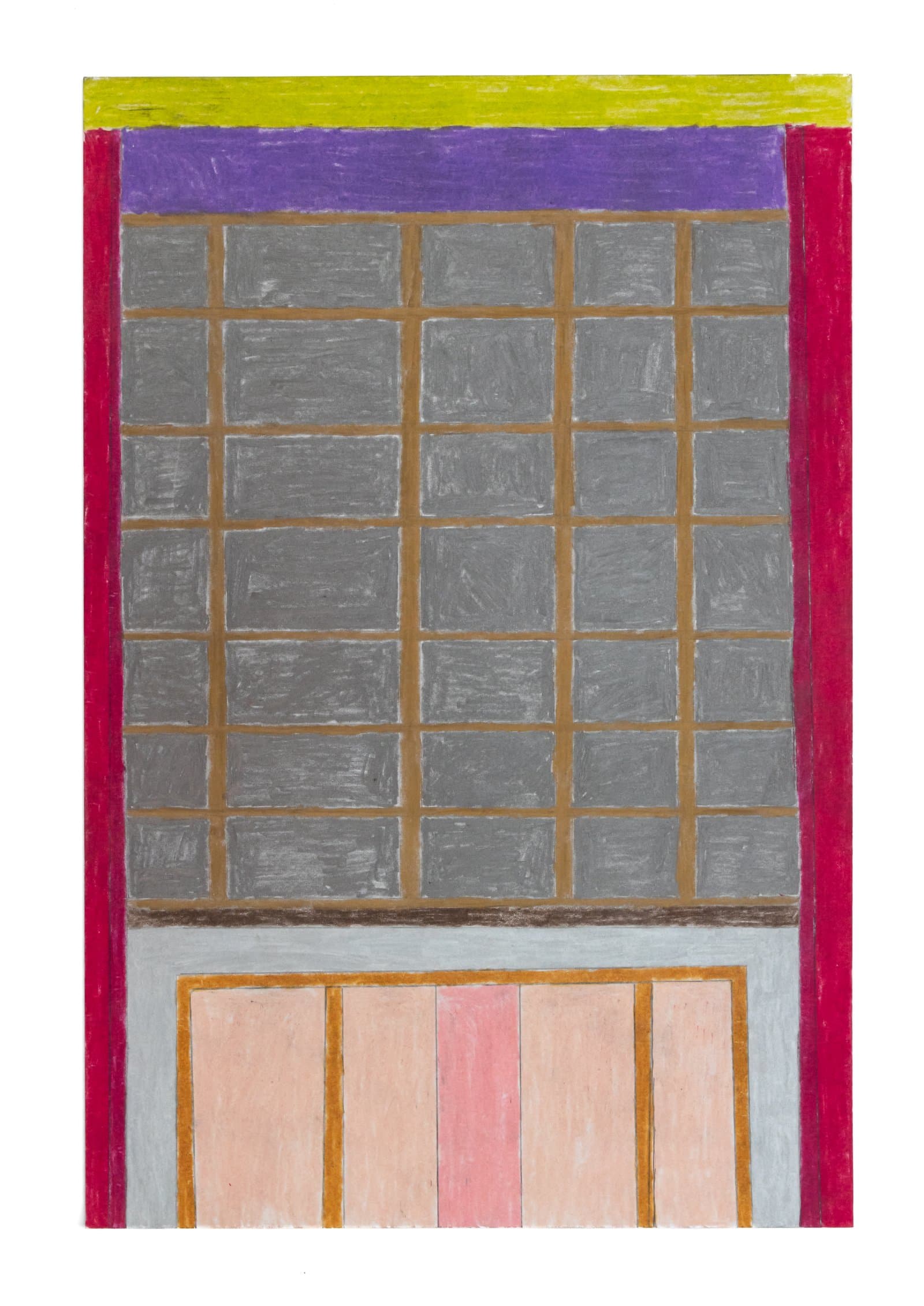 Drawing of a building facade in colored pencil and graphite with a grid of gray windows and pink doors below.