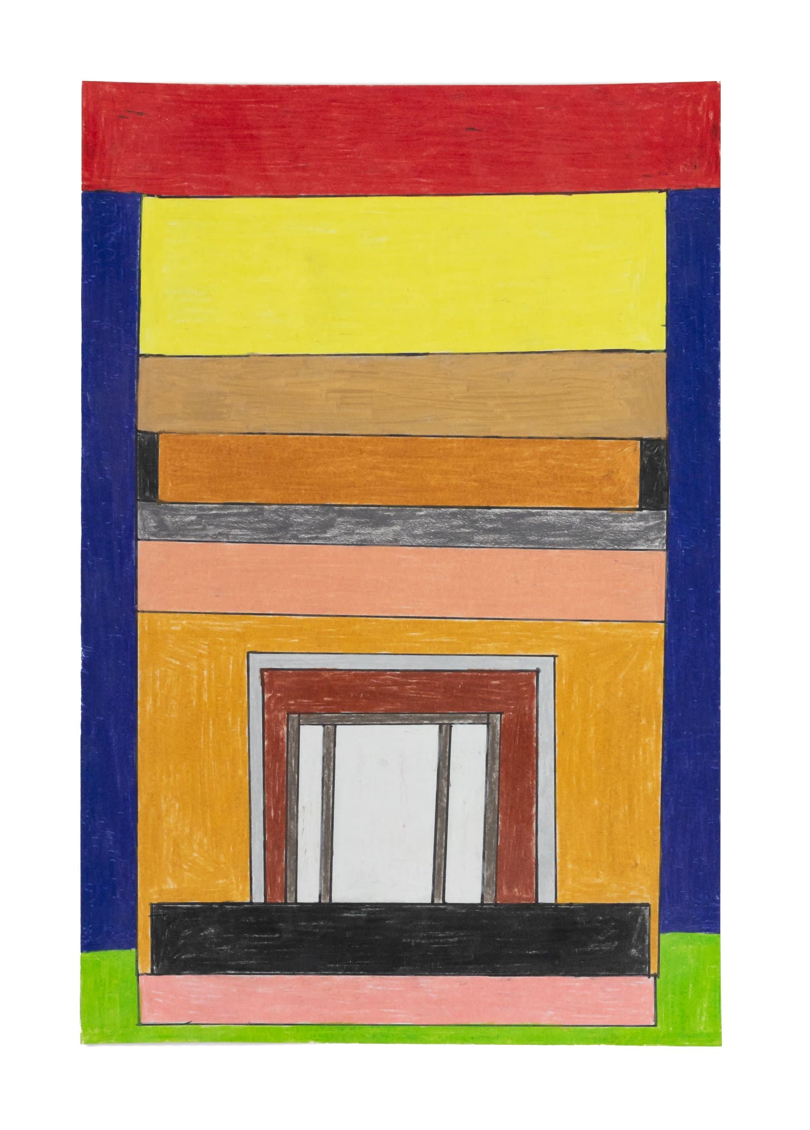 Colored pencil drawing of a stylized building facade with stacked horizontal bands in red, yellow, orange, and blue on paper.