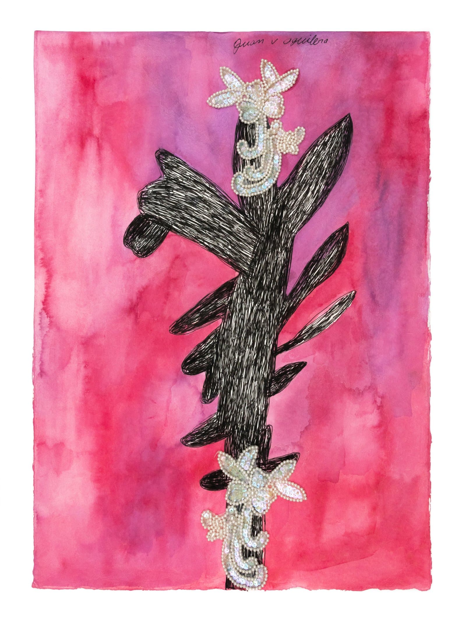 Mixed media artwork depicting a tall dark plant form with beaded floral embellishments on a vivid pink-purple watercolor background.