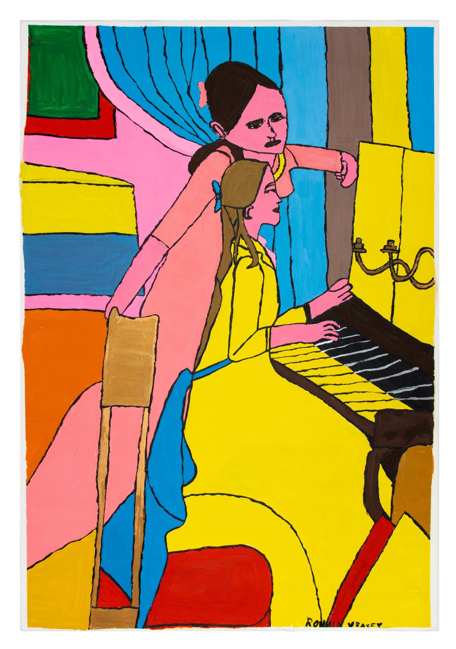 Acrylic painting of two figures at a piano, one standing behind the other, in bold yellow, pink, and blue tones.