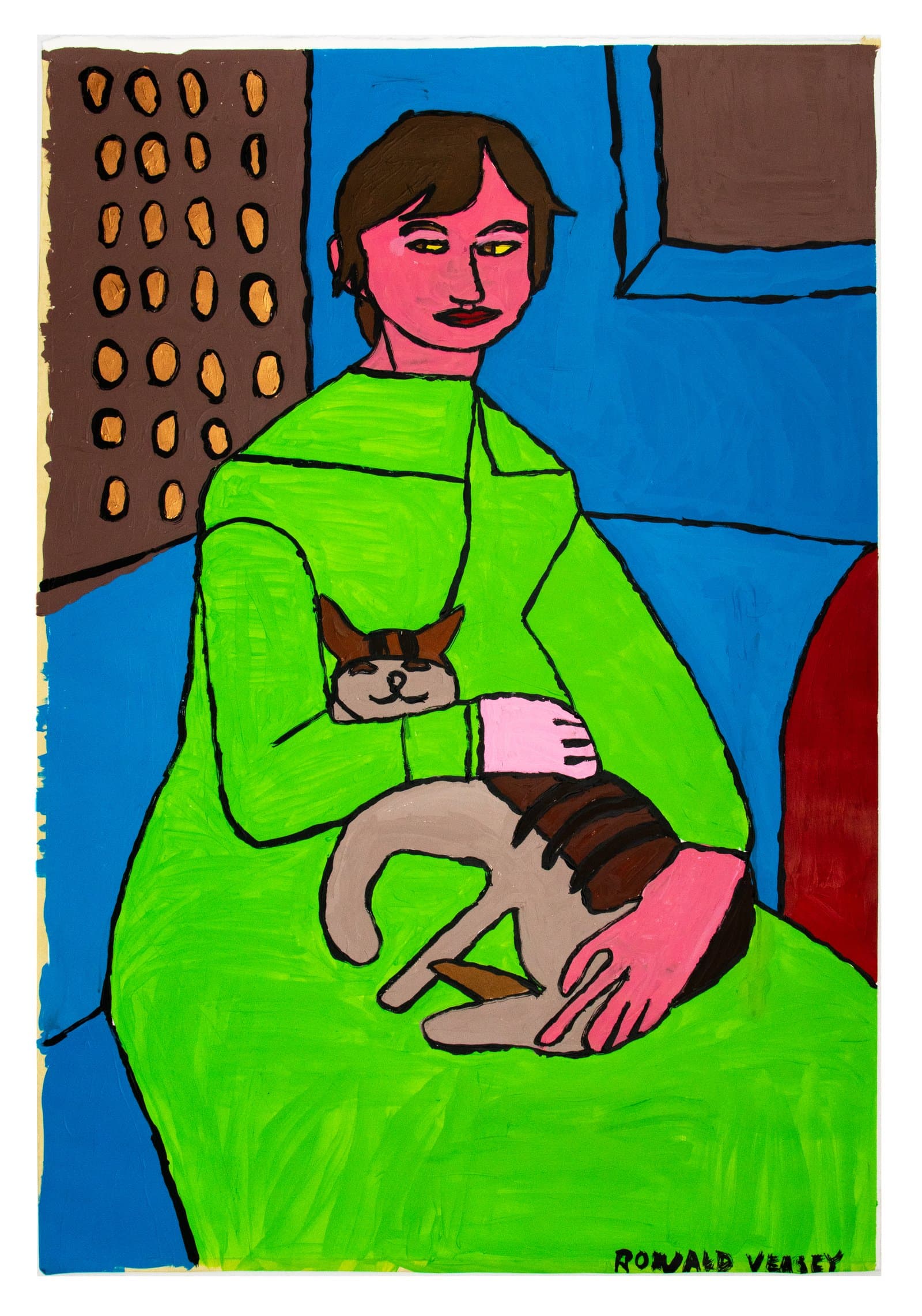 Acrylic painting of a pink-skinned figure in a bright green dress seated and holding a calico cat against a blue background.