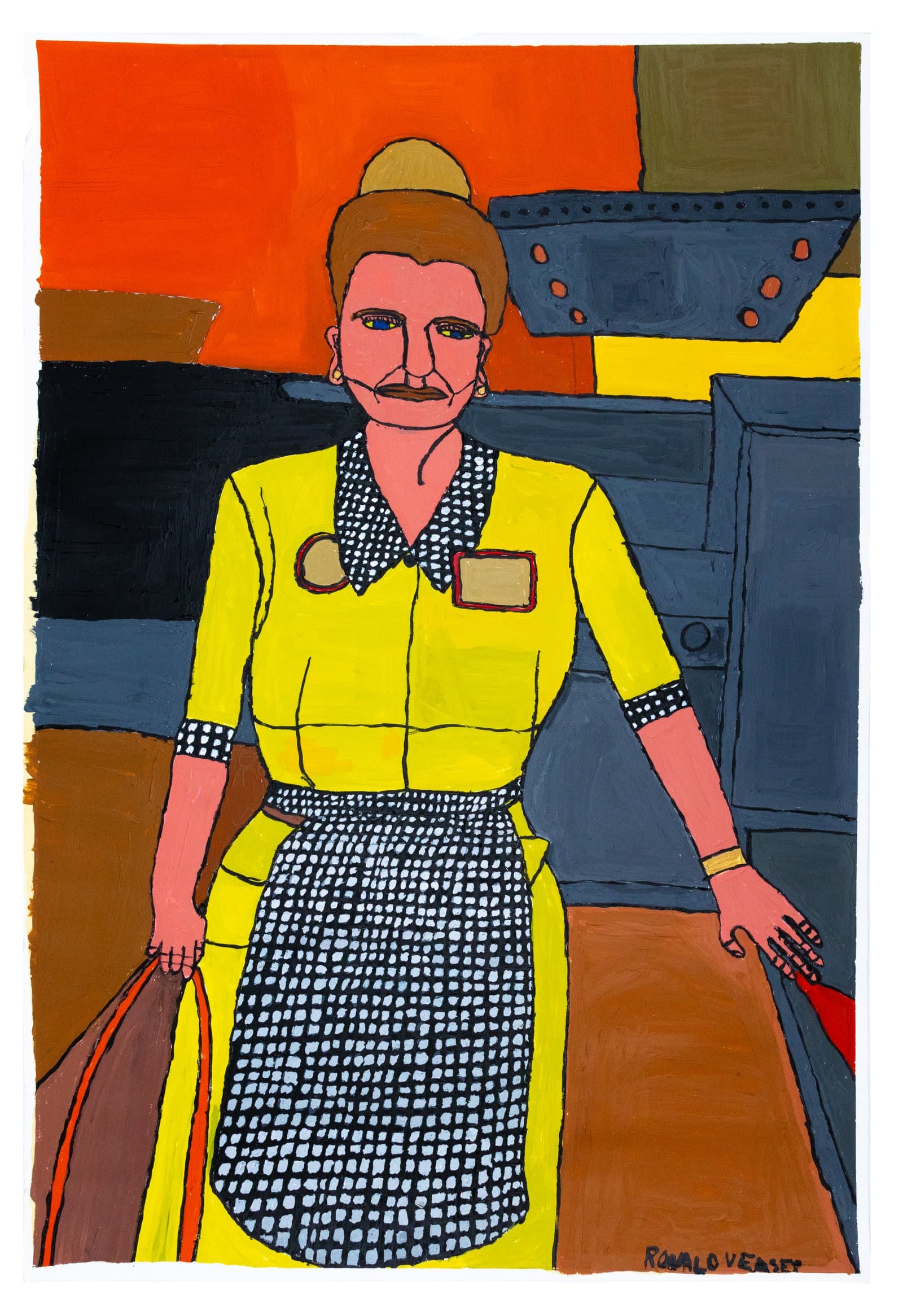 Acrylic painting of a figure in a yellow uniform with polka-dot apron and collar, standing before an industrial background.