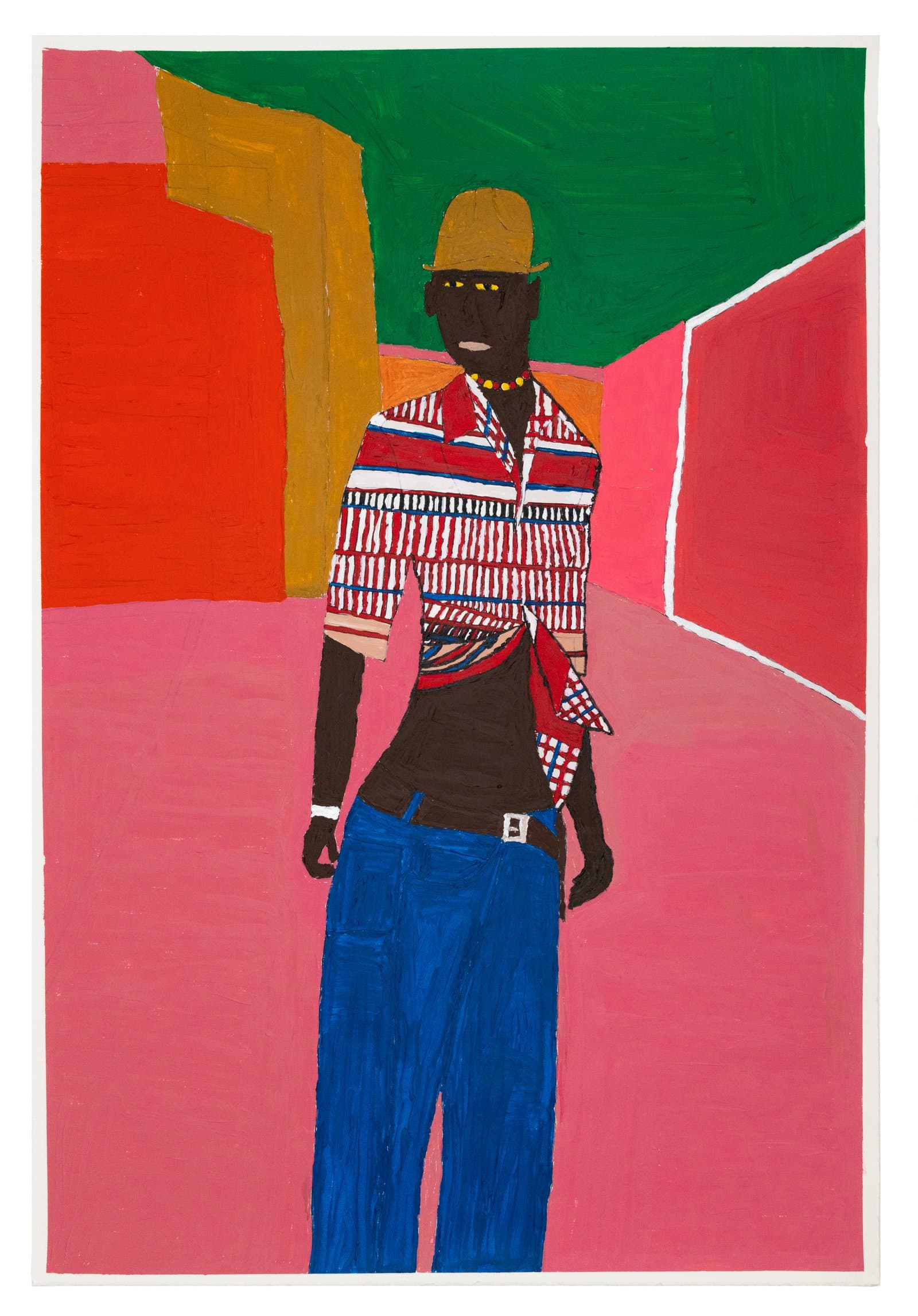 Acrylic painting of a standing figure wearing a patterned shirt, blue jeans, and hat against bold pink, red, and green background.