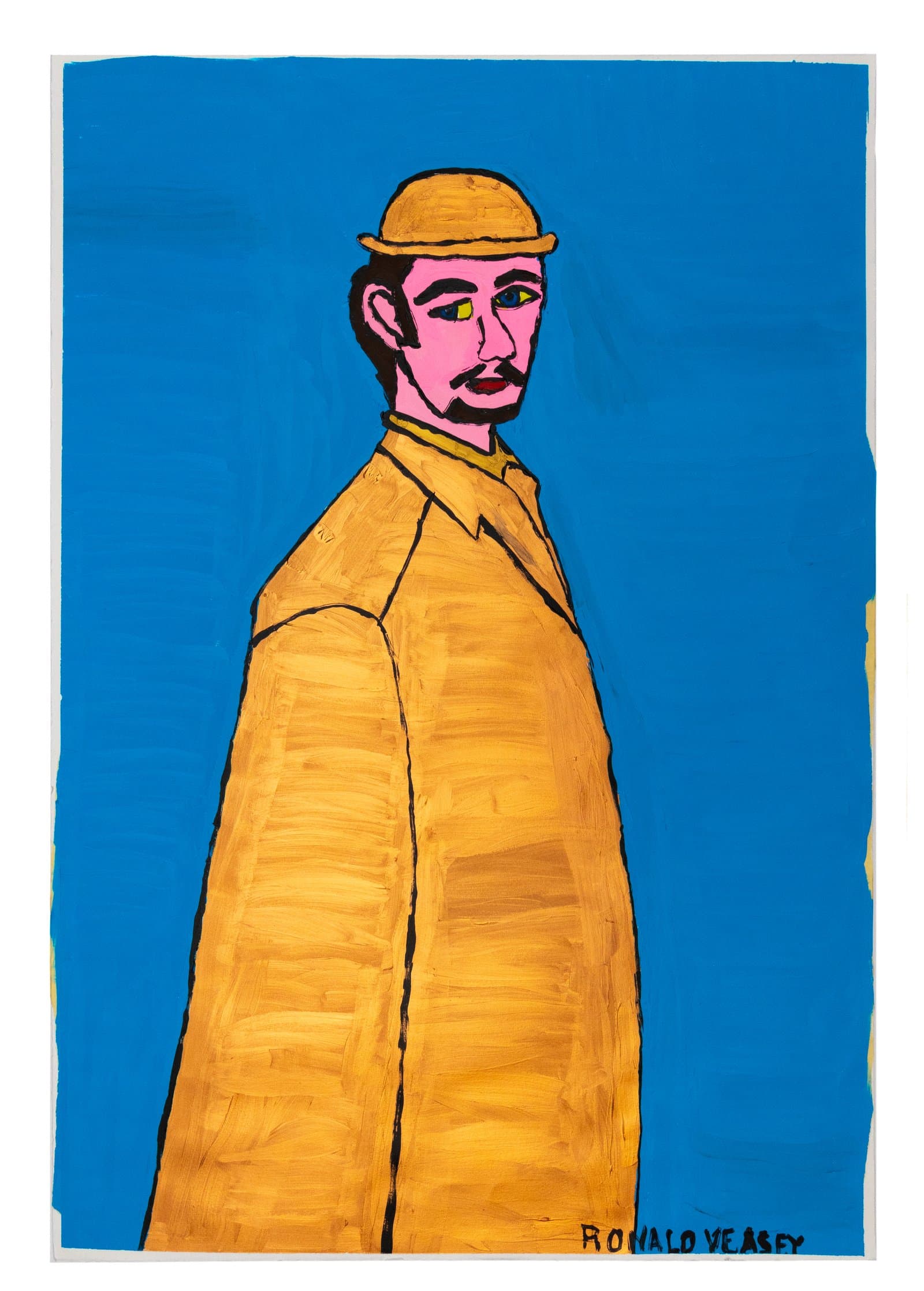 Acrylic painting of a mustachioed man in a golden-yellow coat and bowler hat against a bright blue background.