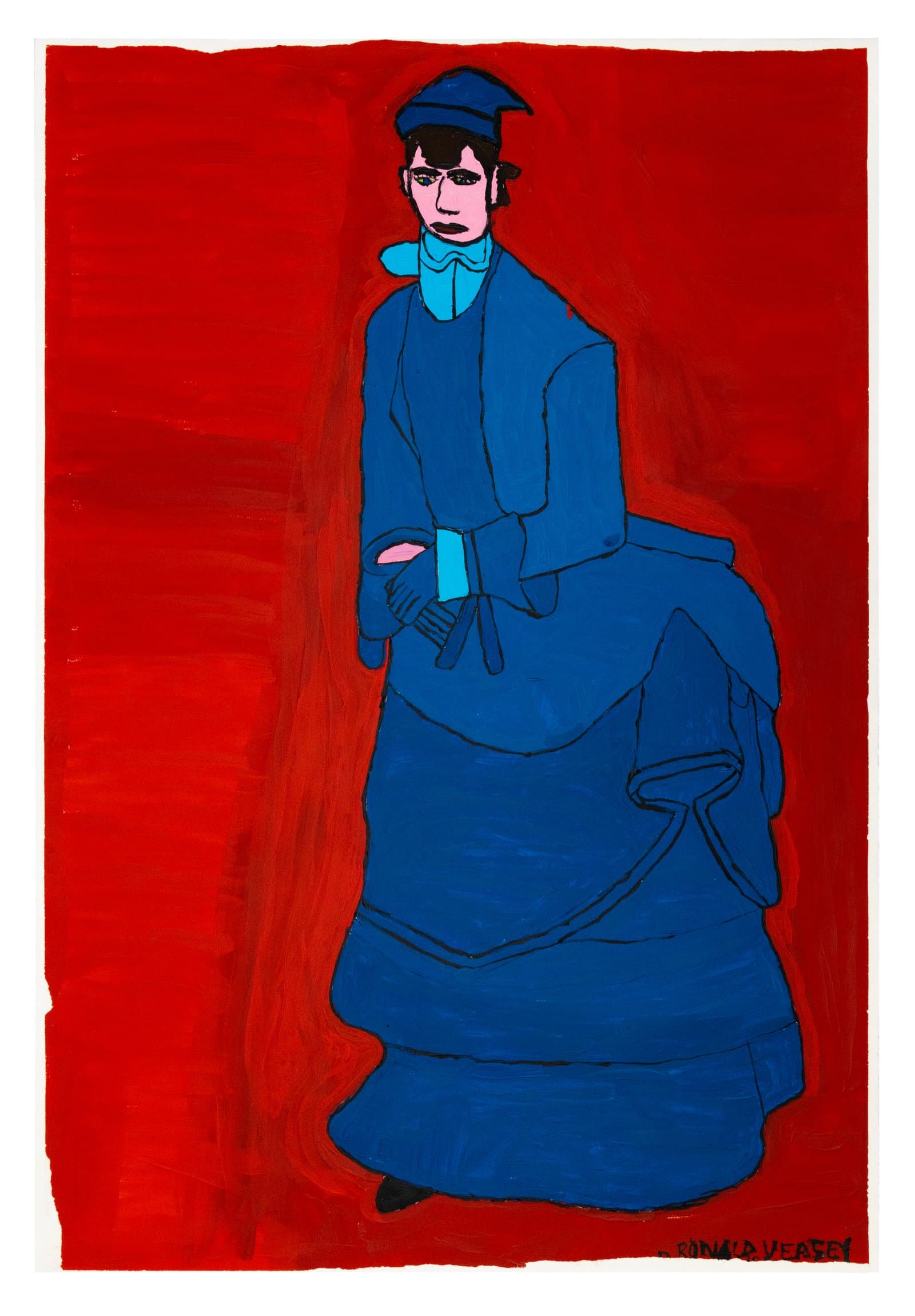 Acrylic painting of a standing figure in a layered blue Victorian dress and hat against a vivid red background.