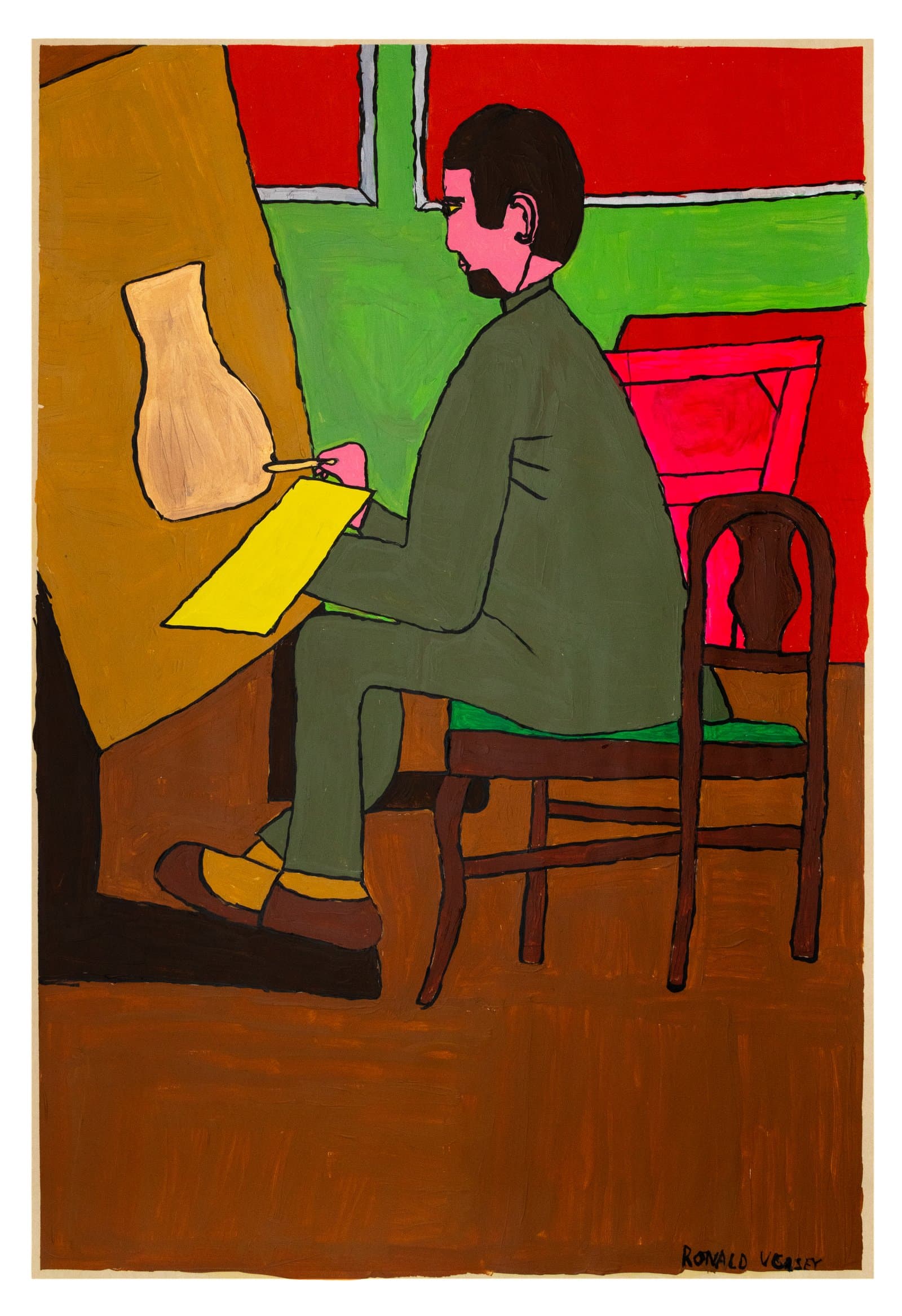 Acrylic painting of a bearded man in profile seated on a wooden chair, holding yellow paper toward a canvas, signed Ronald Veasey.