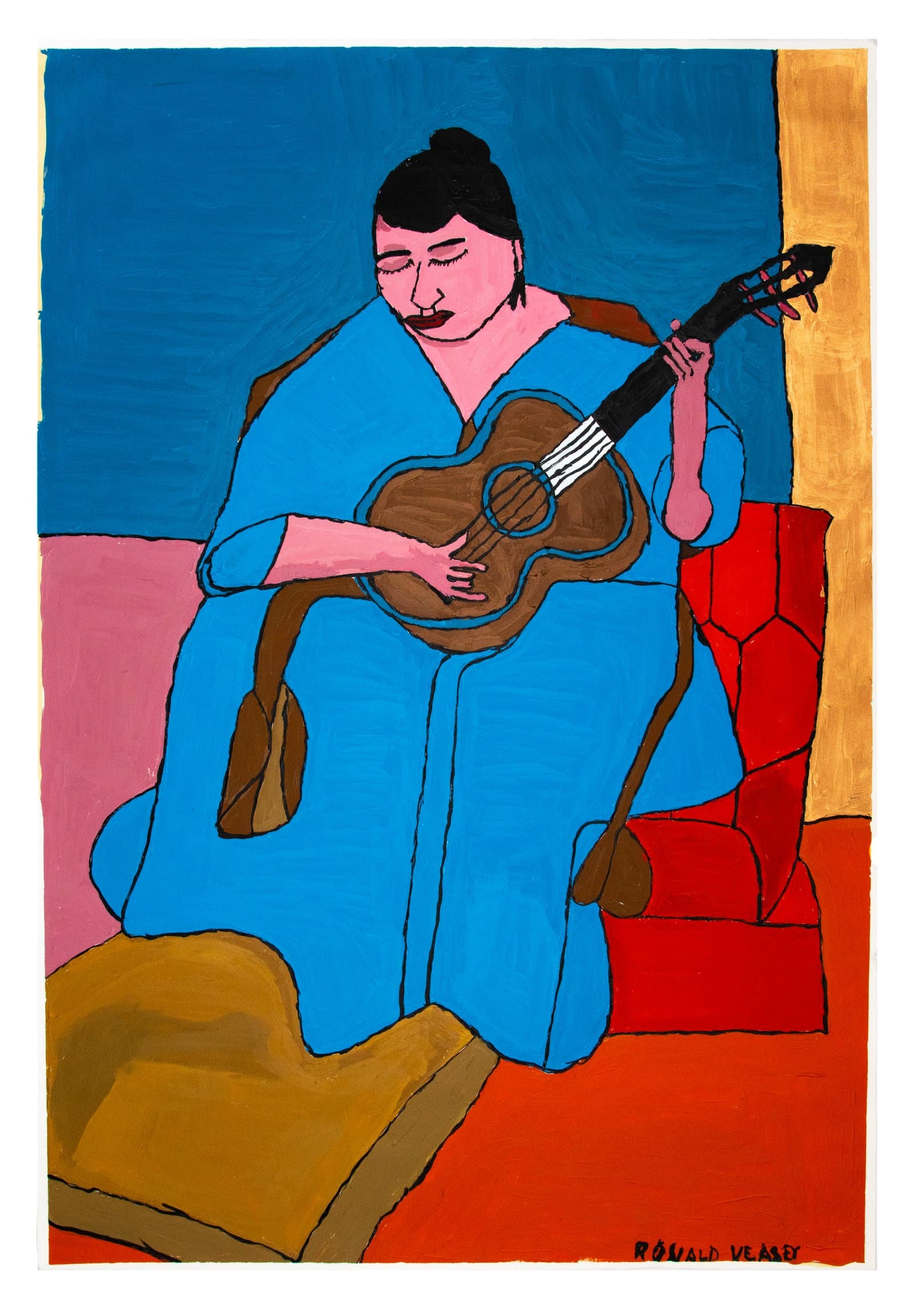Acrylic painting of a figure in a blue robe playing an acoustic guitar, seated in a red chair against a blue background.