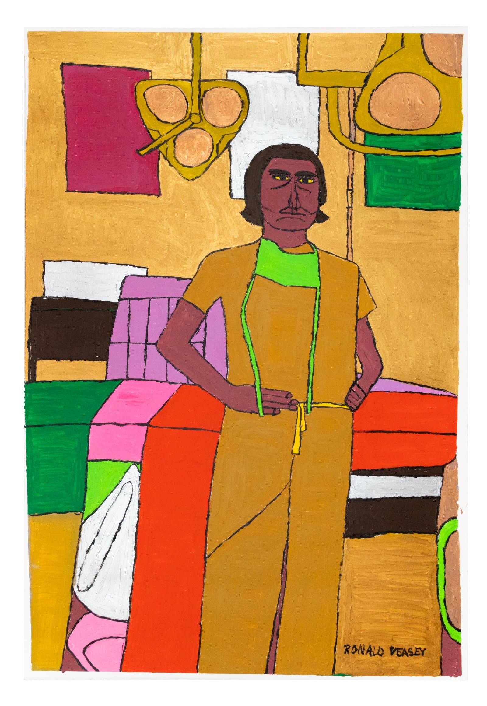 Acrylic painting of a dark-skinned figure in a mustard hospital gown with a green tie, standing in a colorful room.