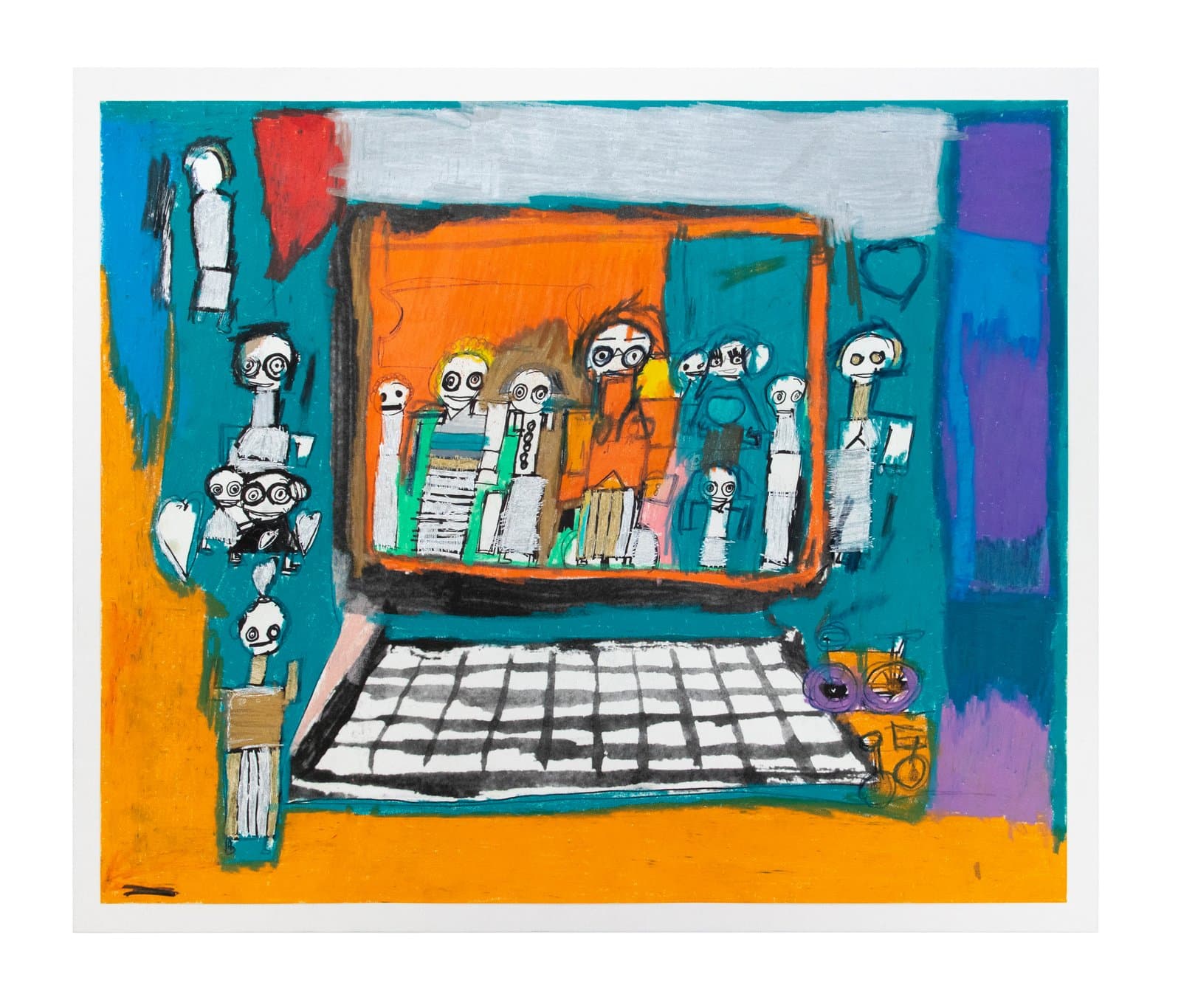 Mixed media painting on paper depicting a laptop screen surrounded by simplified human figures in teal, orange, yellow, and purple.
