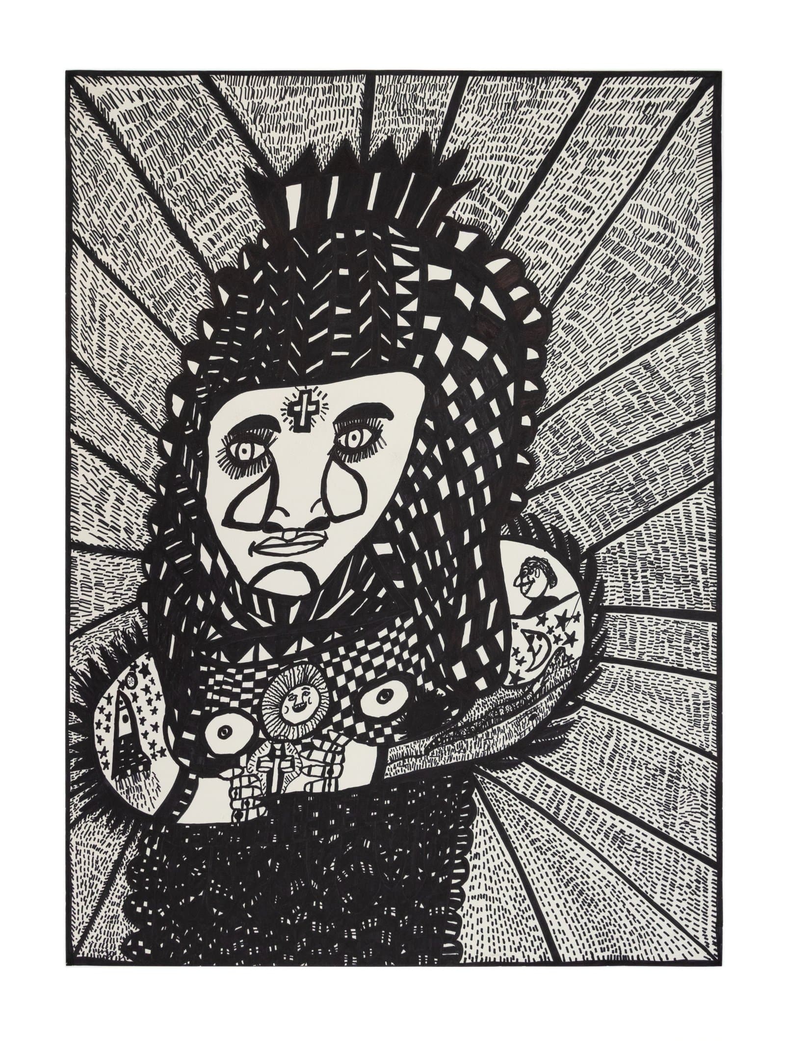 Black and white ink drawing of a crowned figure with radiating lines, cross on forehead, holding decorated objects.