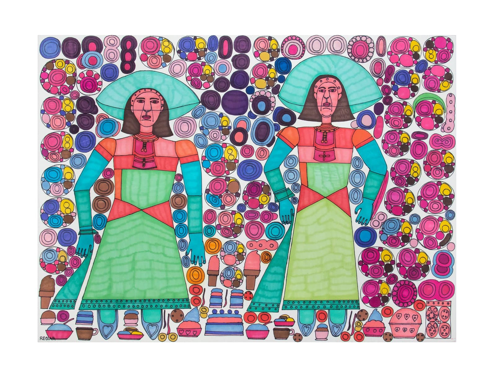 Ink drawing of two symmetrical figures in green dresses and wide hats, surrounded by densely packed colorful circular forms.