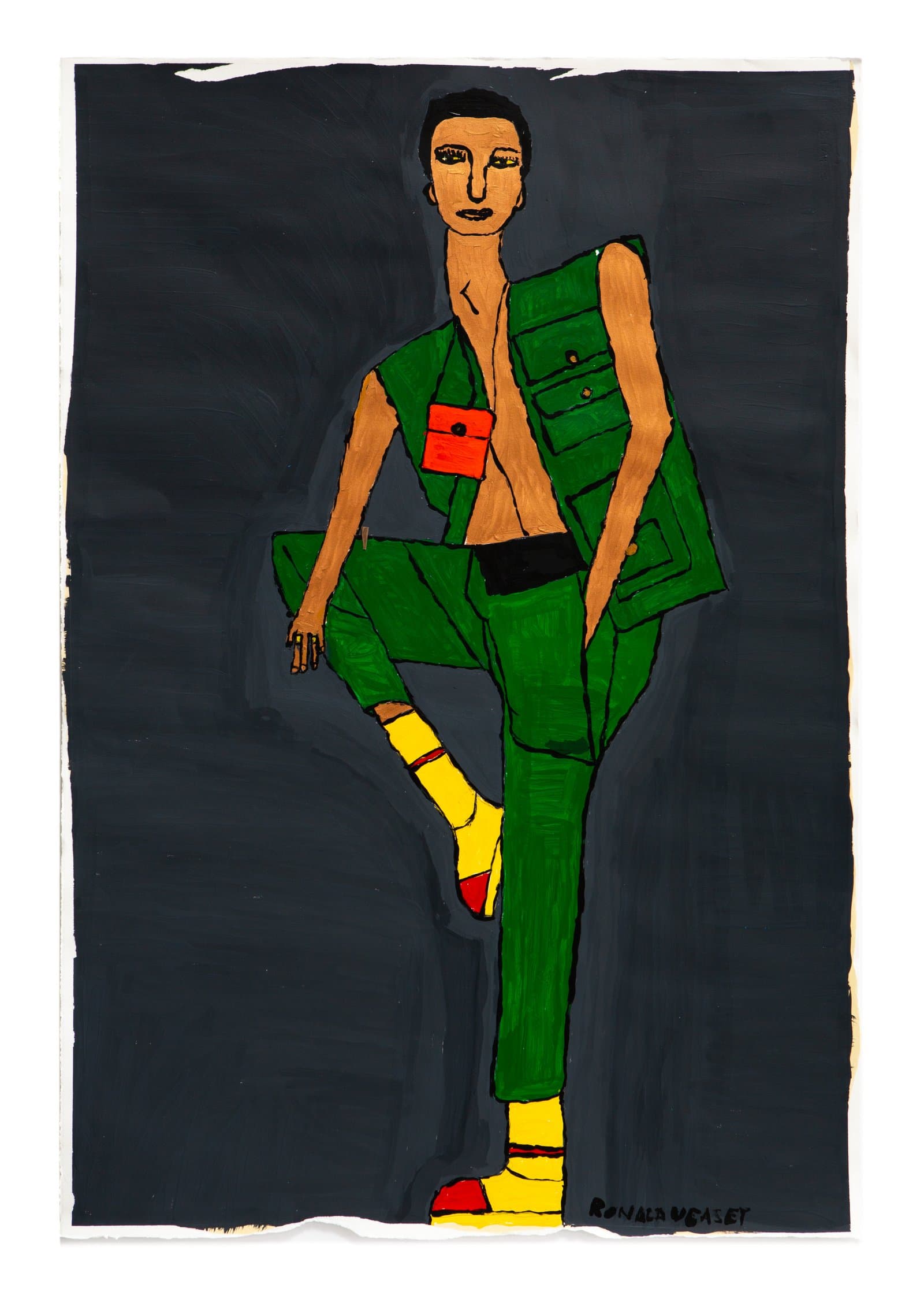 Acrylic painting of a standing figure in a green vest and pants with yellow socks and red shoes on a dark gray background.