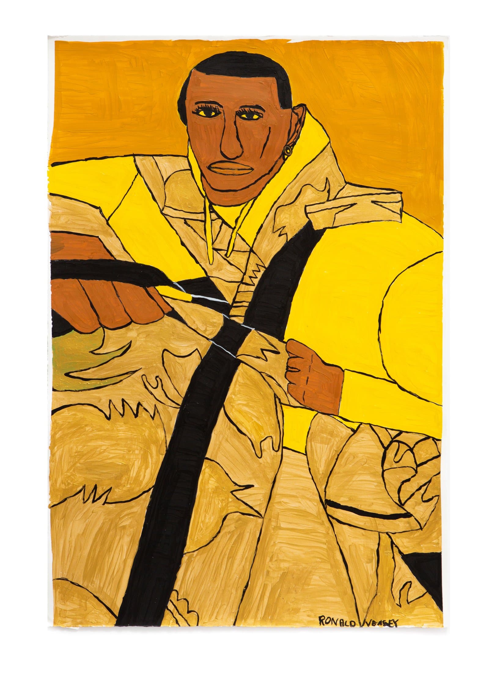 Acrylic painting of a figure in a yellow jacket gripping a steering wheel against an orange background.