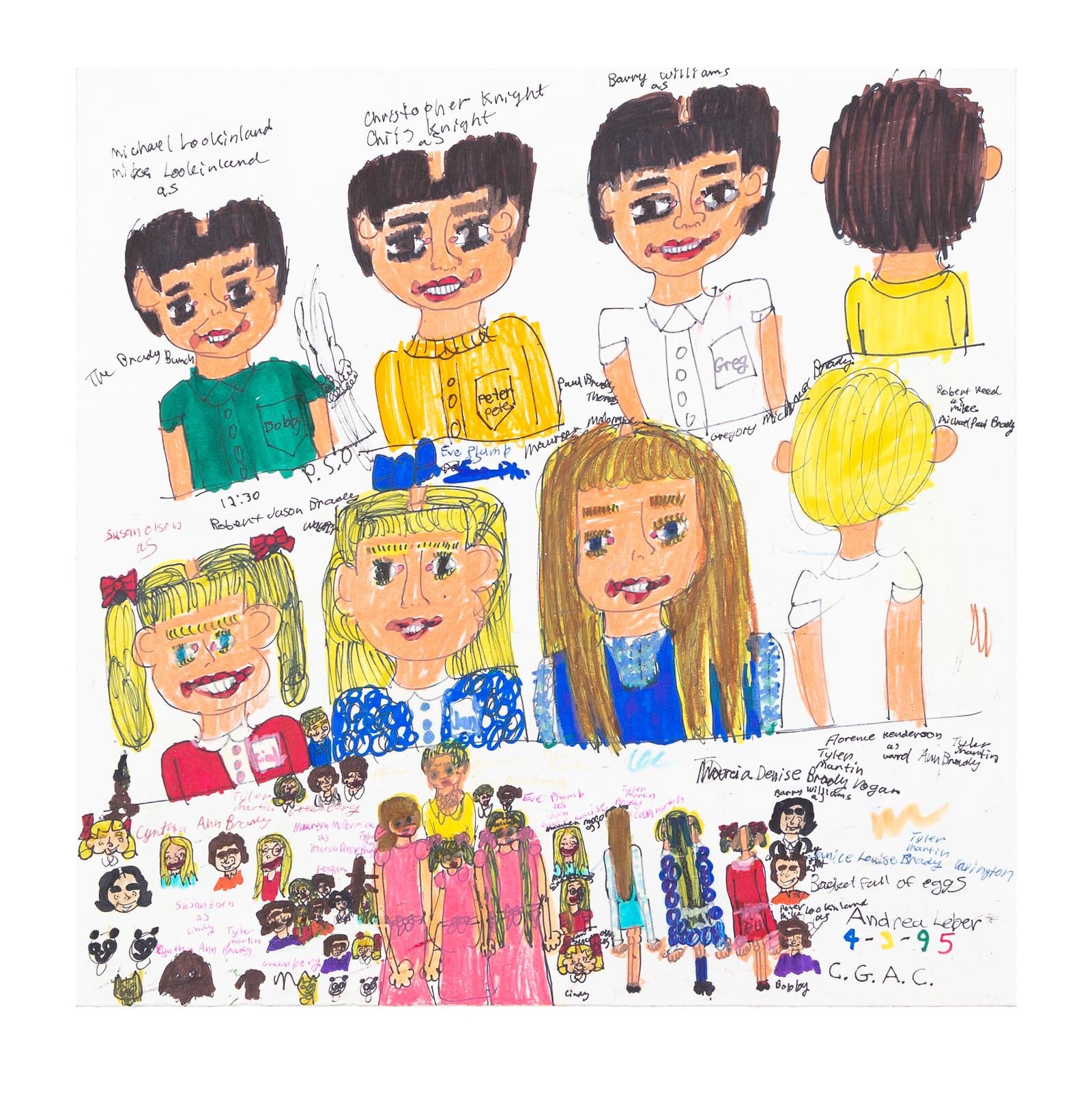 Colored pencil and ink drawing of multiple child figures with large heads, handwritten labels, and small figures along the bottom.