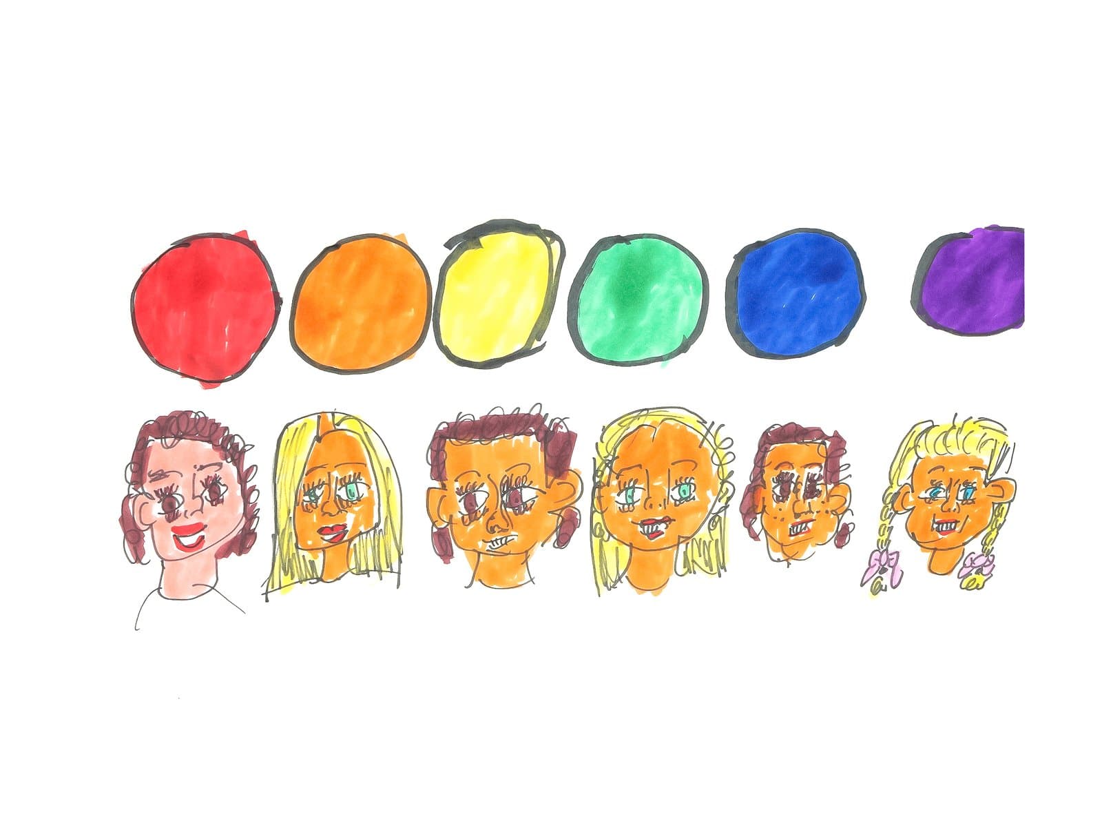 Ink drawing on white paper showing six rainbow-colored circles above a row of six expressive human faces with varied hair styles.