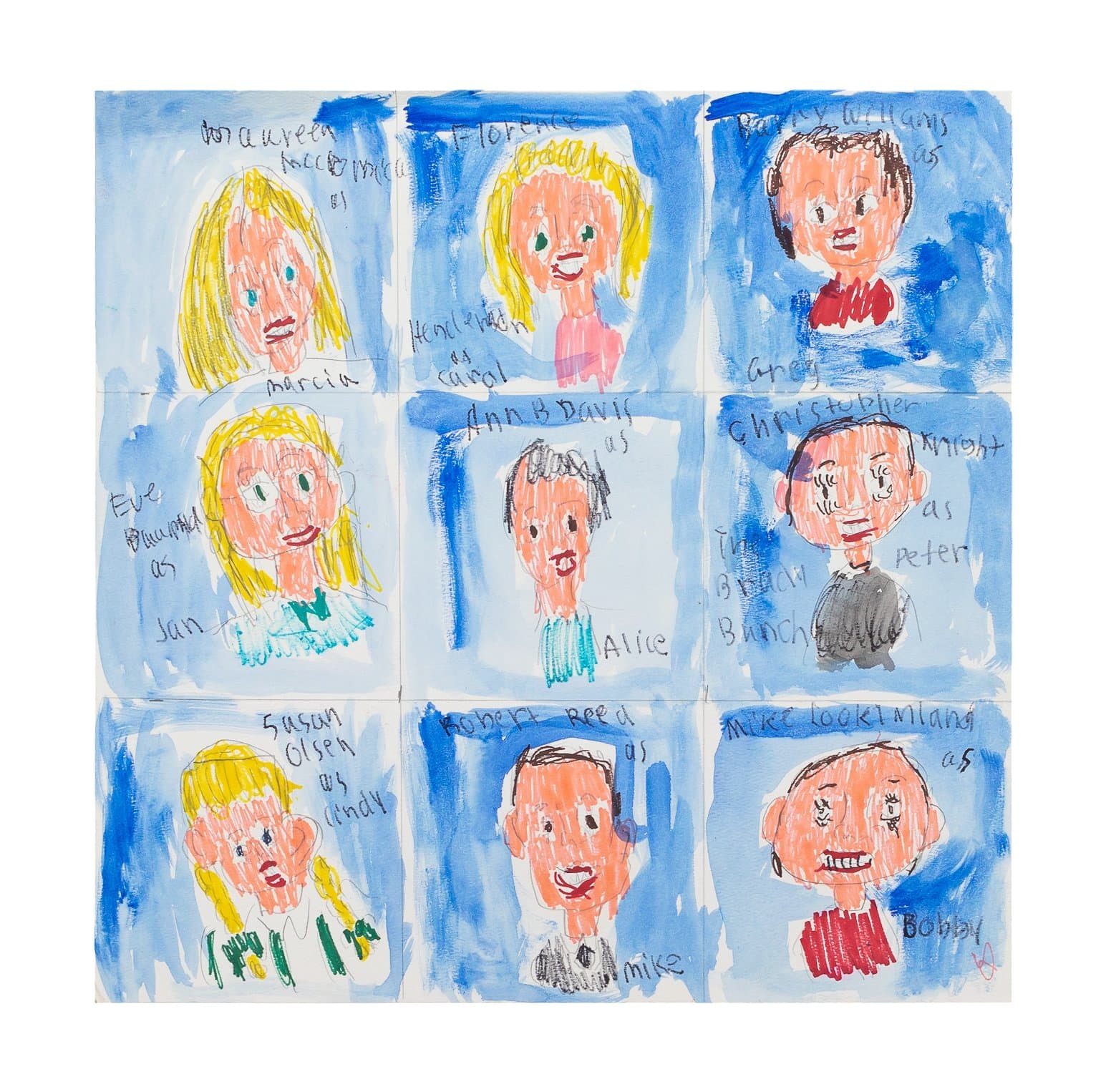 Grid of nine hand-painted portrait panels in watercolor and ink, each depicting a named figure on a blue background.