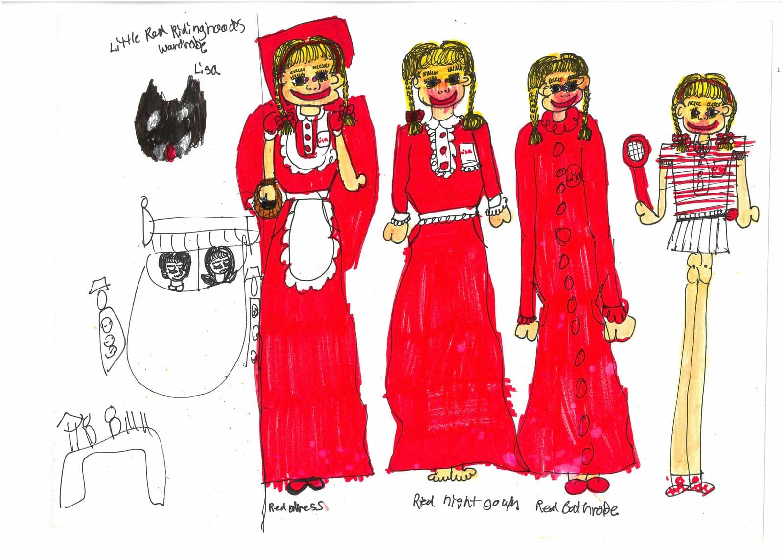 Ink drawing titled 'Little Red Riding Hood's Wardrobe' showing four figures in red outfits with small sketches at left.