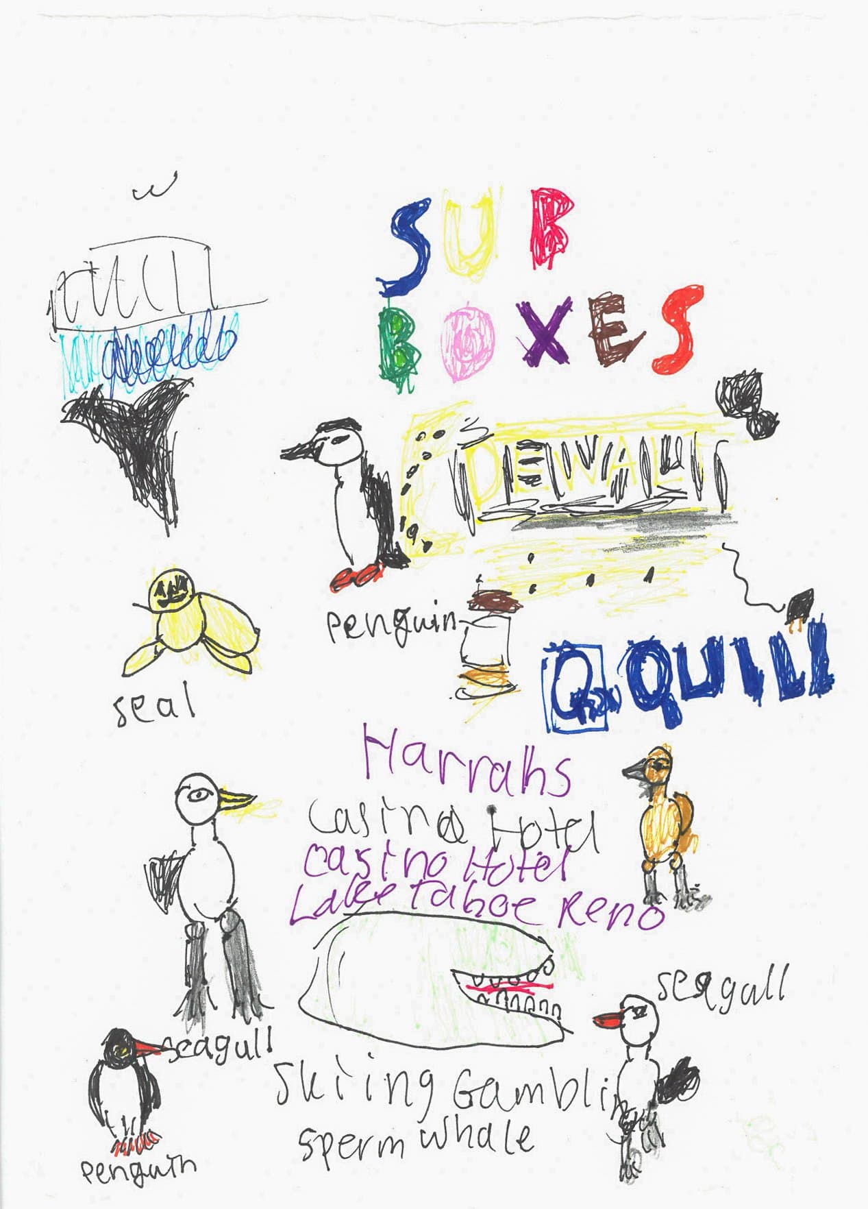 Ink drawing on white paper featuring labeled animals, colorful text reading 'Sub Boxes' and 'Quill,' and handwritten place names.