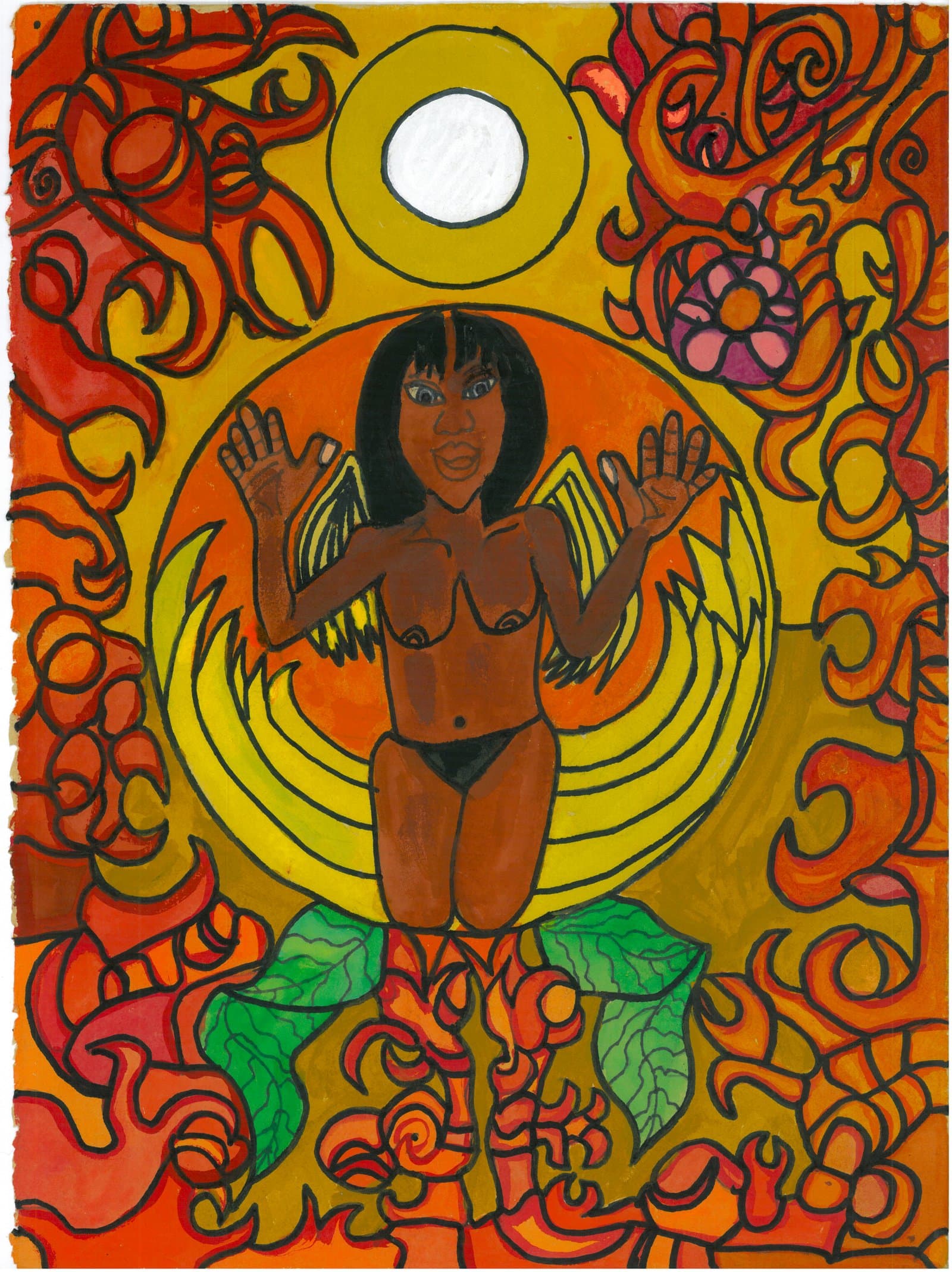Painting of a winged female figure centered in a glowing yellow halo, surrounded by swirling red and orange floral forms.