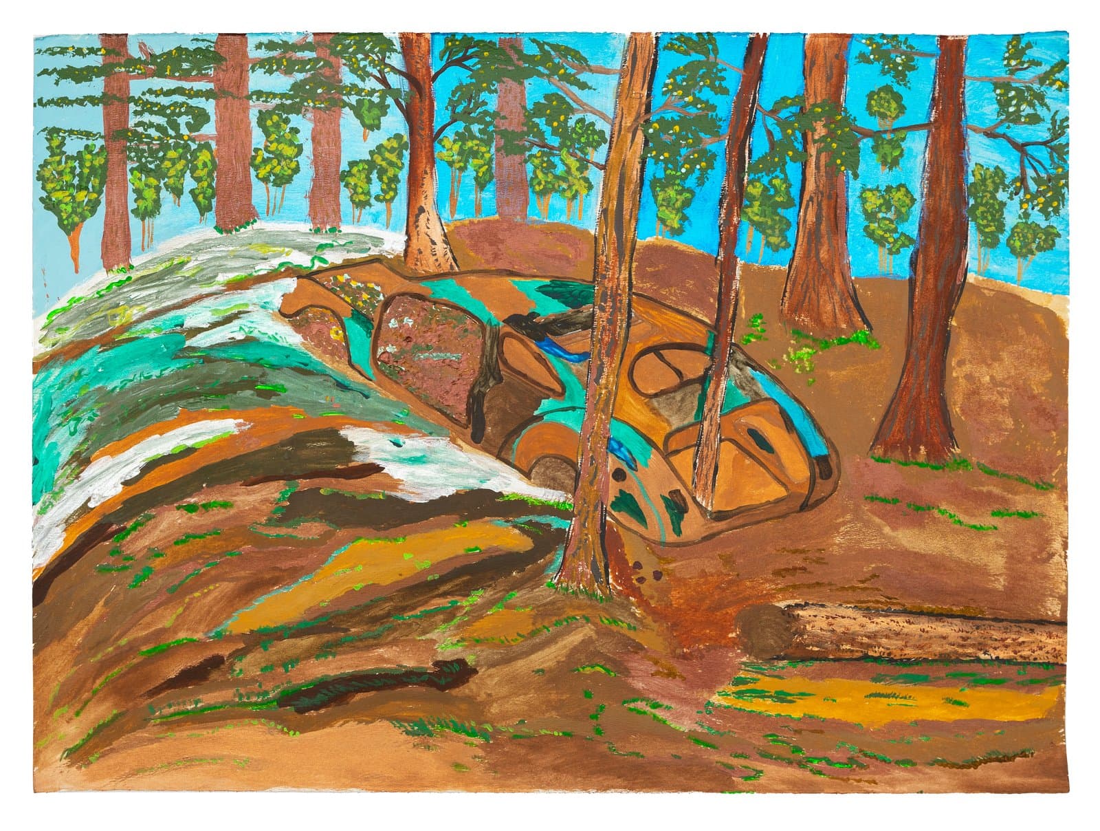 Acrylic painting of a forest scene with tall brown trees, rocky terrain, and a wrecked car among boulders under a blue sky.