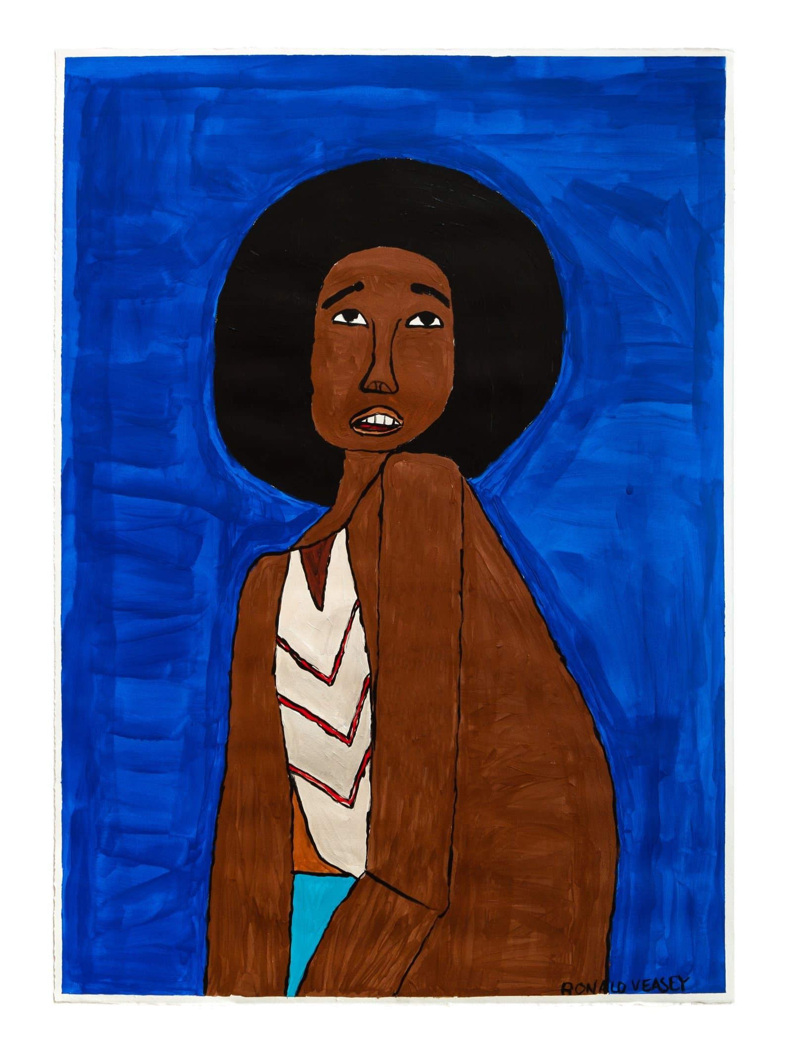 Acrylic portrait of a figure with a large afro against a vivid blue background, wearing a brown jacket, by Ronald Veasey.