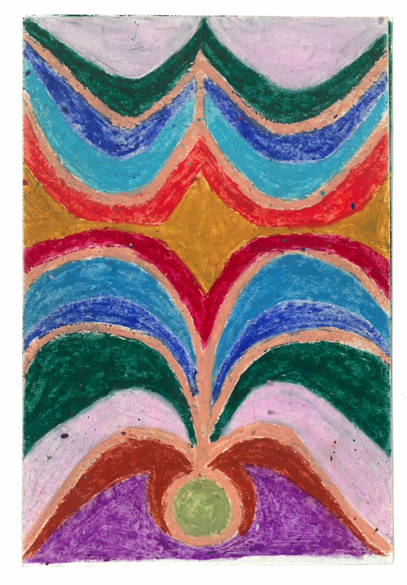 Symmetrical pastel drawing with layered arching forms in green, blue, red, gold, and purple converging on a central circle.