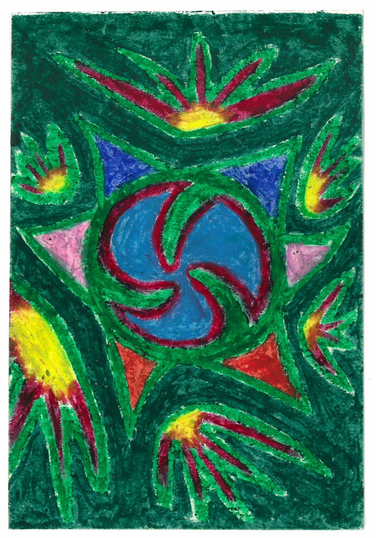 Oil pastel drawing of a central blue circular motif with a dark red pinwheel, surrounded by stylized green tropical flowers on a deep green background.