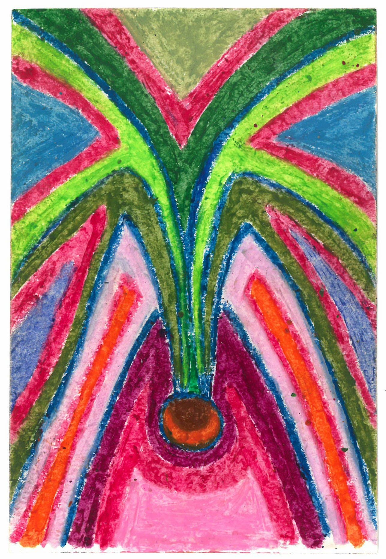 Pastel drawing of a potted plant with bold, radiating fronds in green, pink, blue, and orange on white paper.