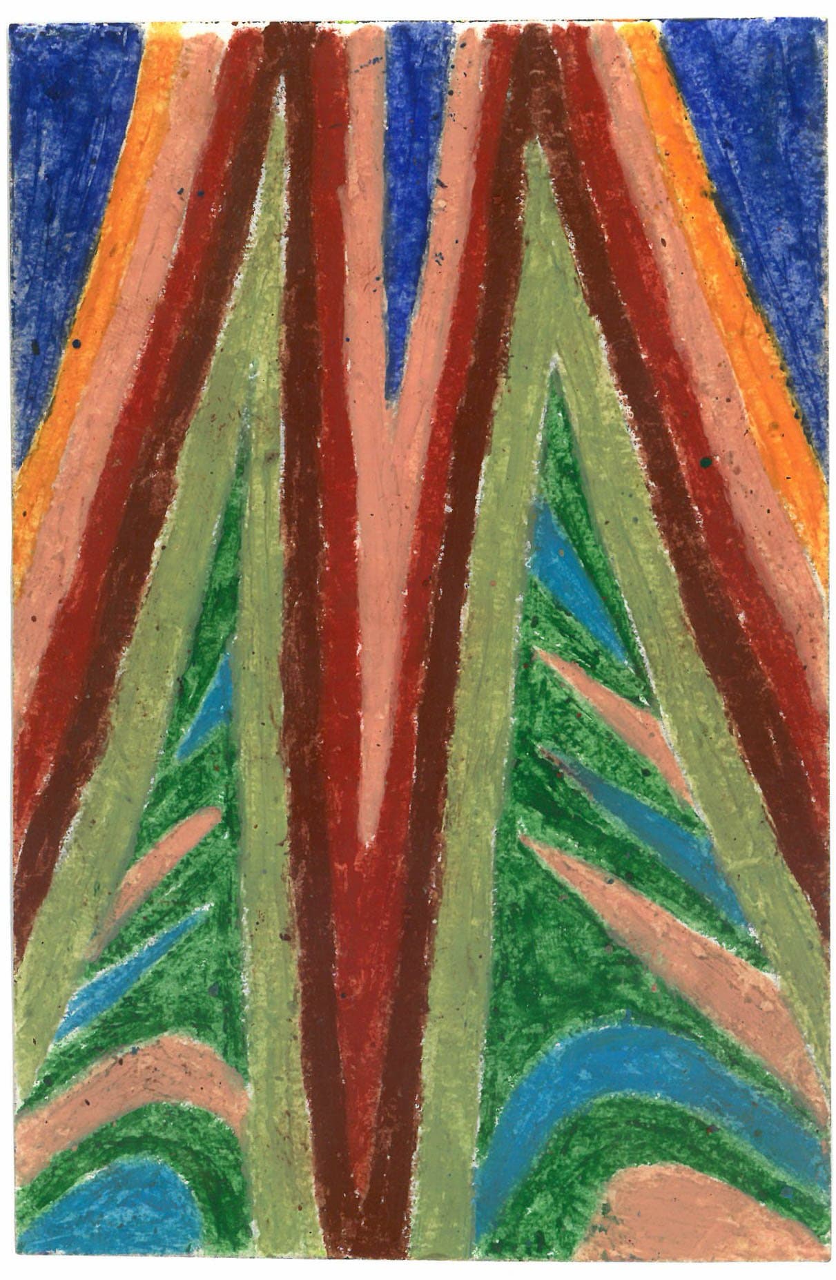 Abstract pastel drawing with bold vertical and converging stripes in red, green, blue, orange, and pink on paper.