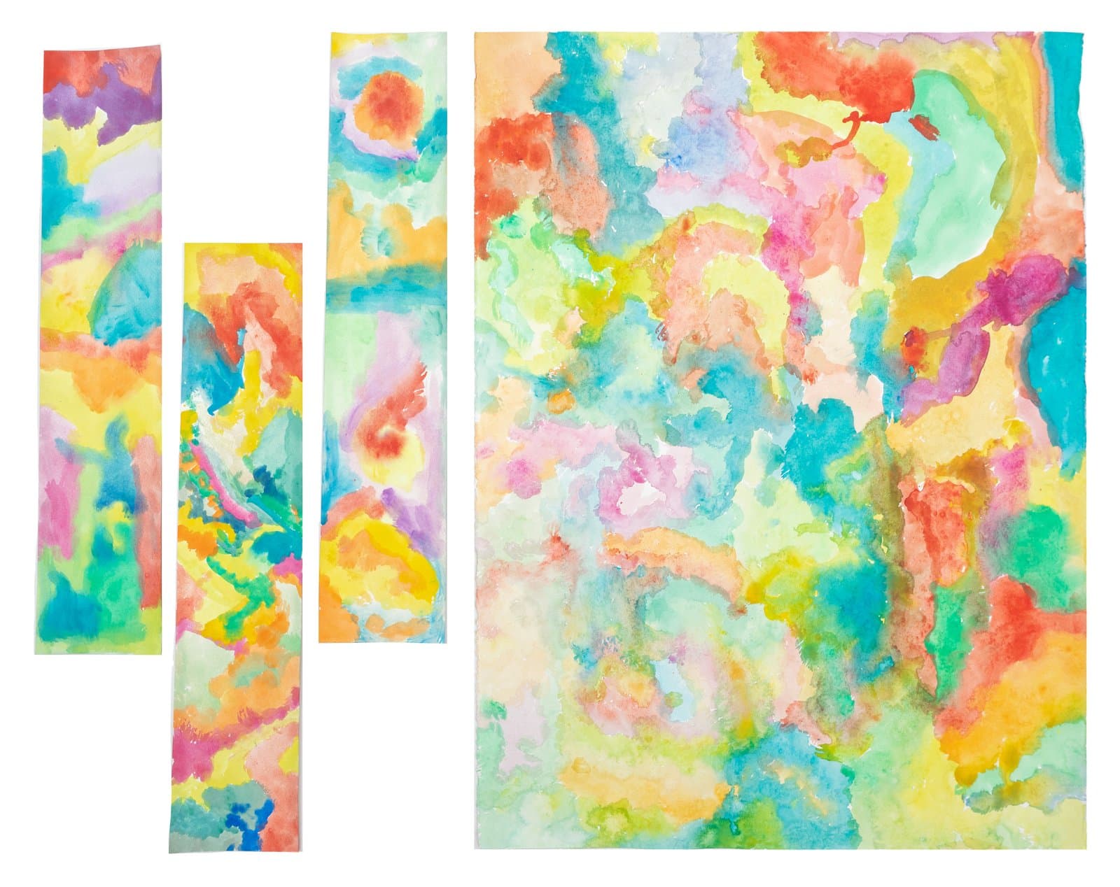 Abstract watercolor on paper: one large sheet and three vertical strips with flowing pastel and vivid color washes.