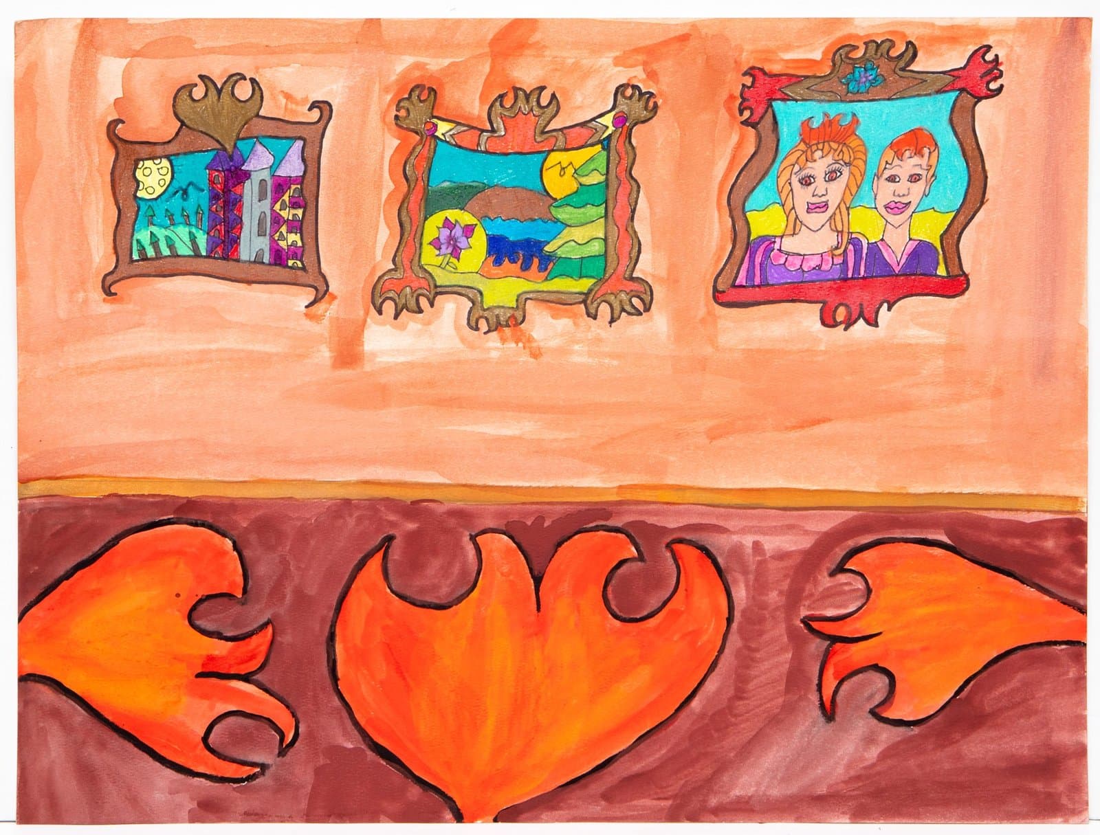 Watercolor and ink drawing showing three ornate picture frames on orange wall above decorative border with flame motifs