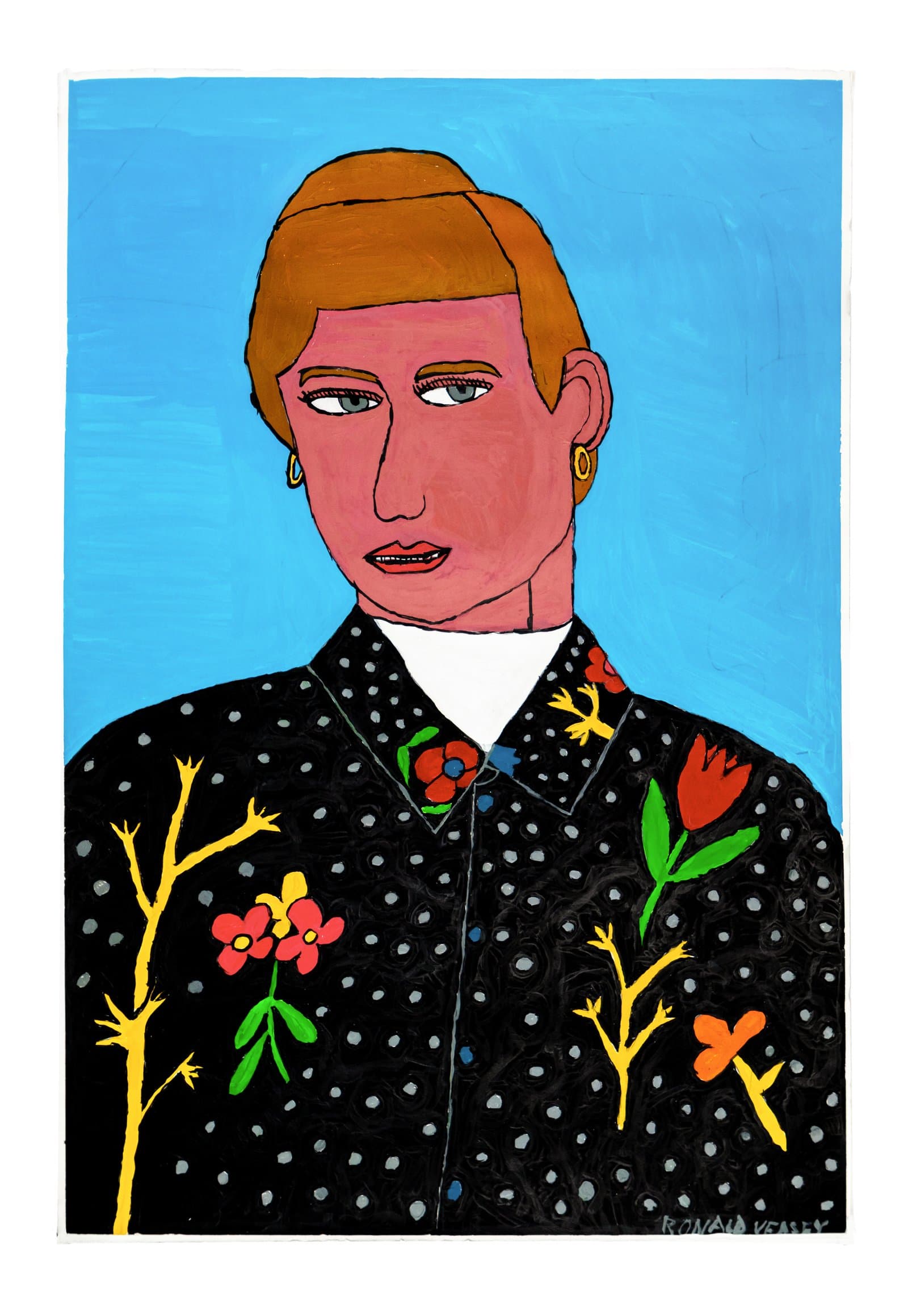 Acrylic portrait of a figure with auburn hair wearing a black polka-dot jacket with colorful floral embroidery on a blue background.