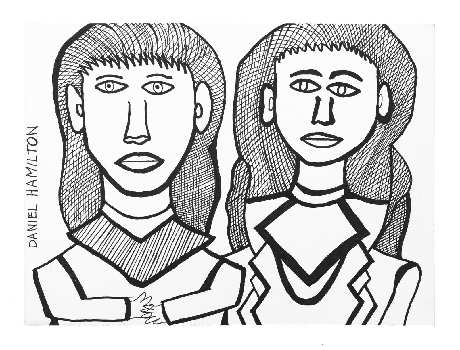 Black and white ink drawing of two figures with long hair, facing forward, wearing geometric patterned tops.