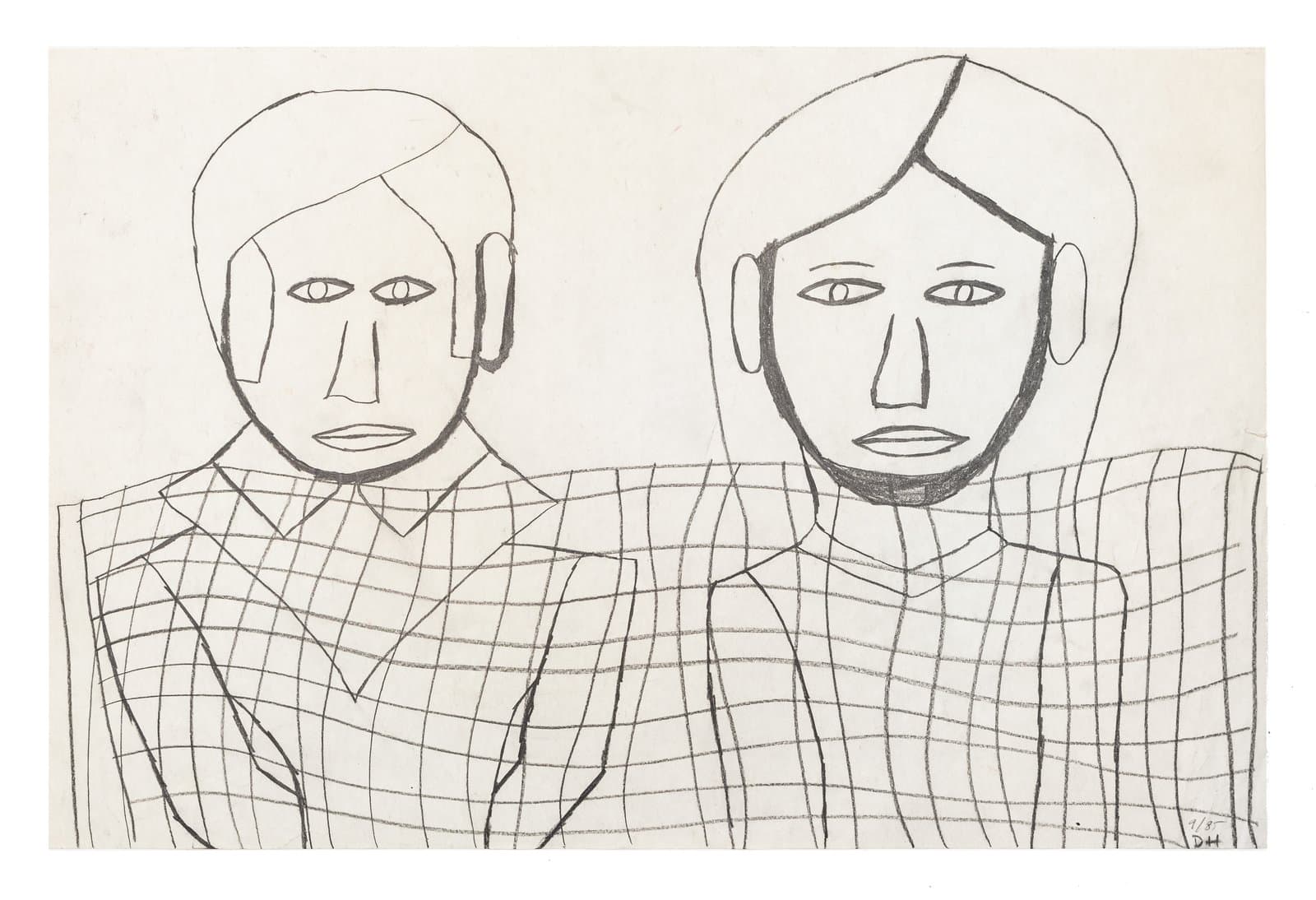 Graphite drawing of two figures in plaid jackets, rendered in simple outlines with minimal facial detail on white paper.