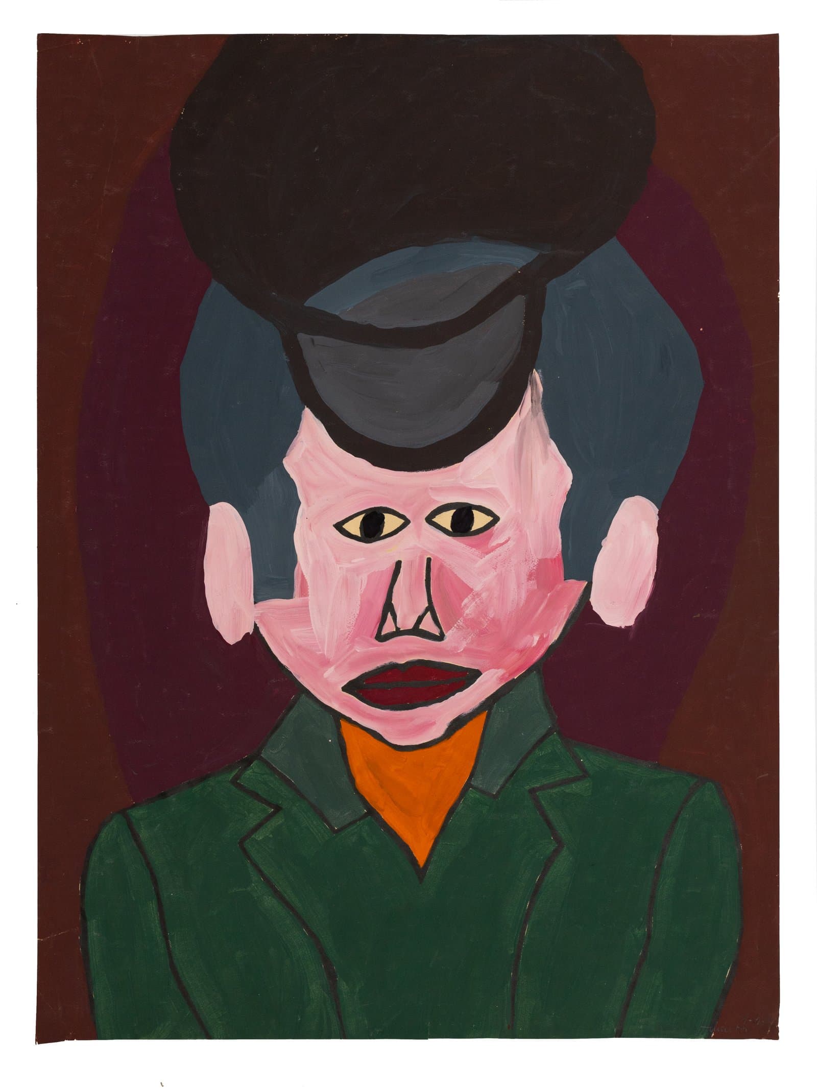 Figurative tempera painting of a stylized portrait with a pink face, dark hat, blue-gray hair, and green jacket on a brown-red background.
