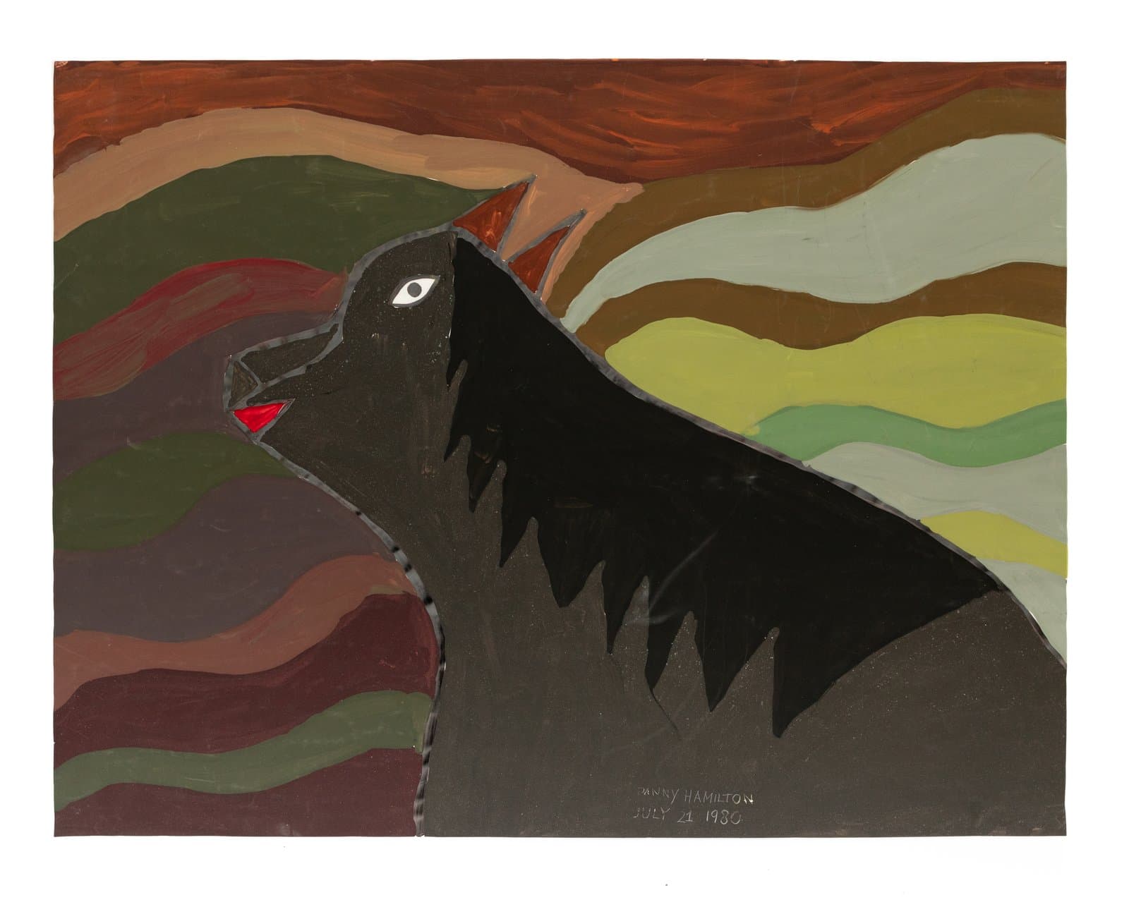 Tempera painting of a large black bird with a white eye and red beak, set against layered wavy bands of earth-toned color.
