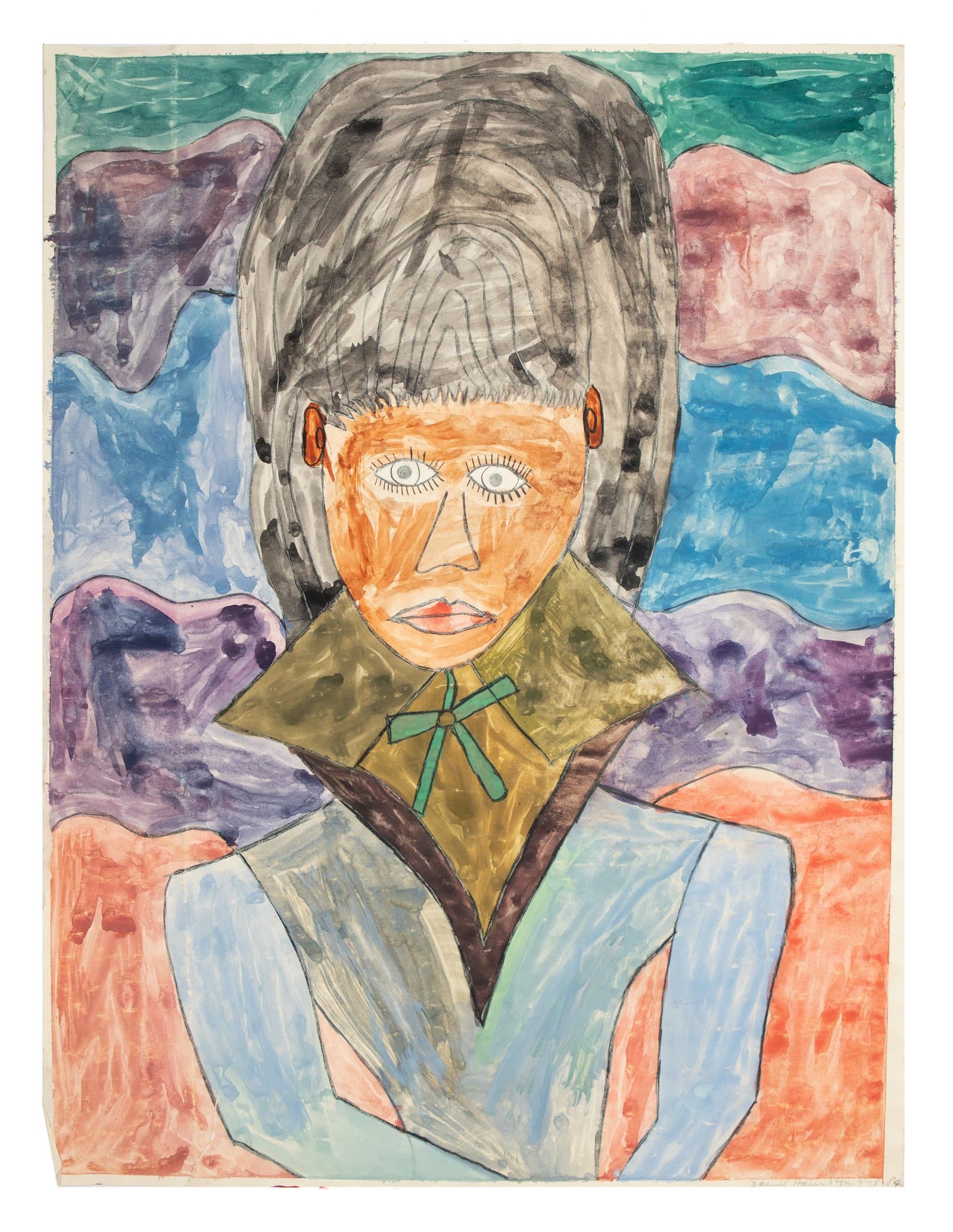 Tempera portrait on paper of a figure with dark hair, orange skin, wearing a green-collared shirt against a colorful abstract background.