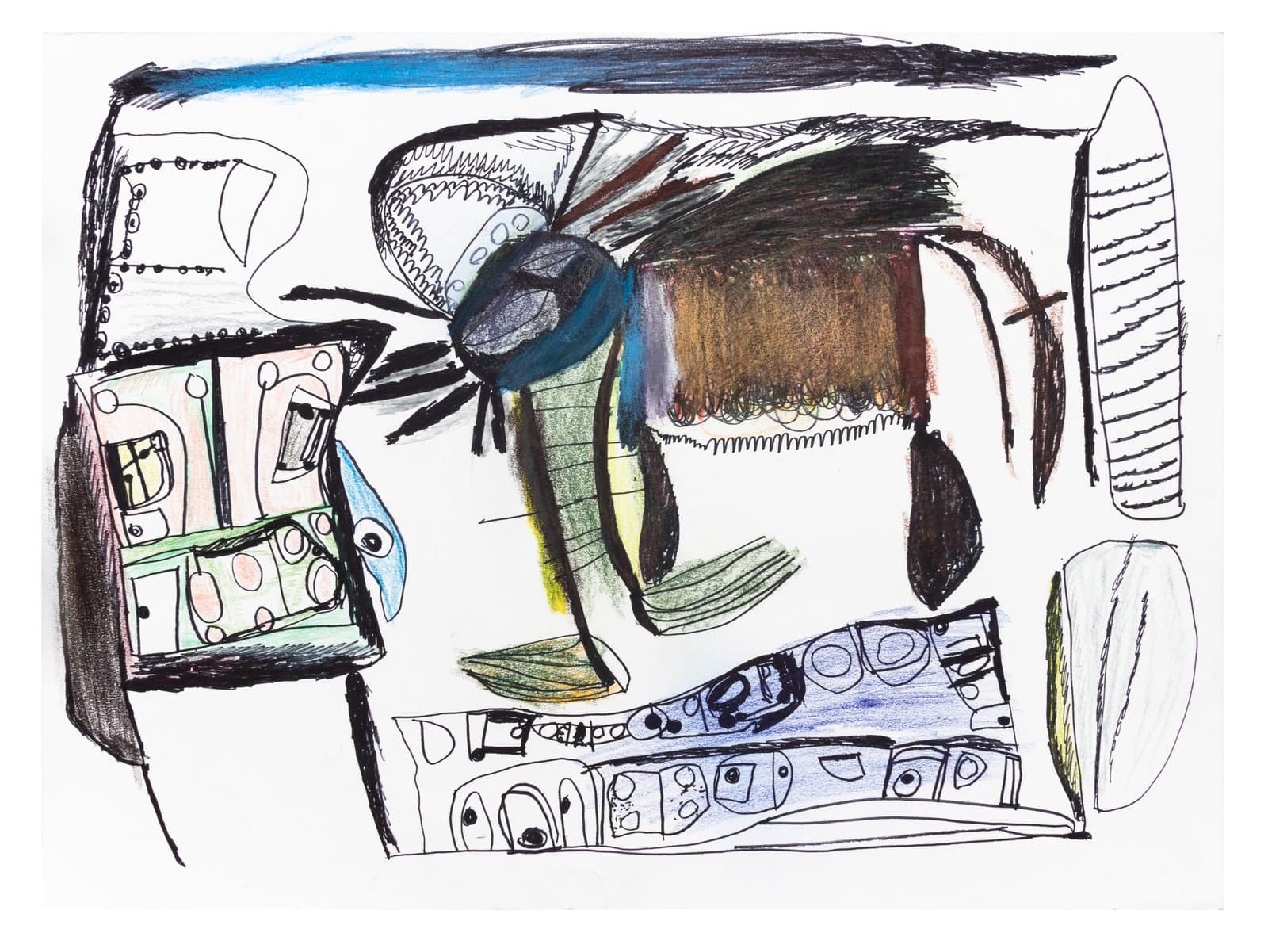 Ink and colored pencil drawing featuring a large central fly surrounded by patterned geometric forms on white paper.