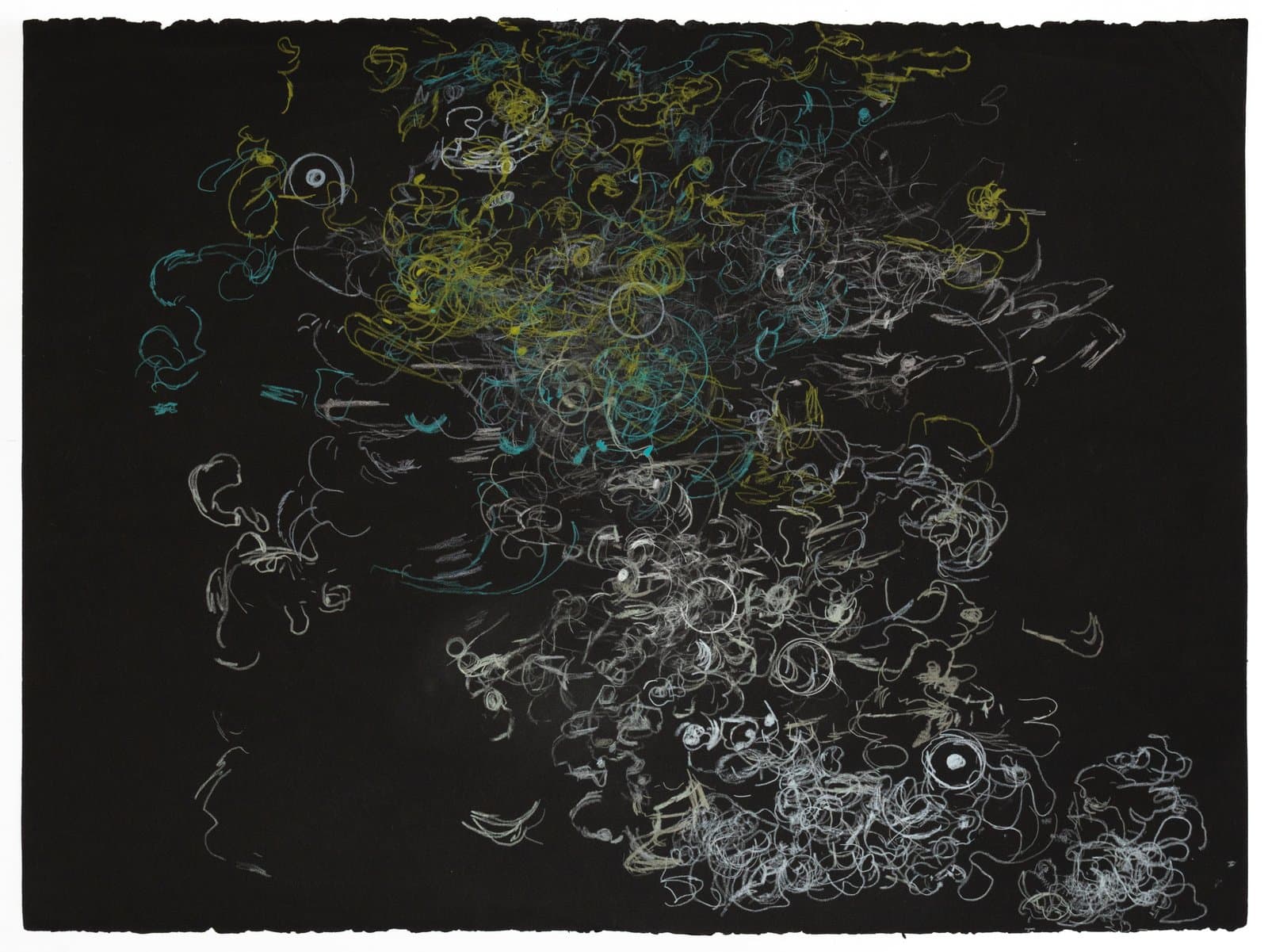 Abstract drawing in colored pencil and ink on black paper with swirling lines in yellow, teal, and white forming dense cloud-like clusters.