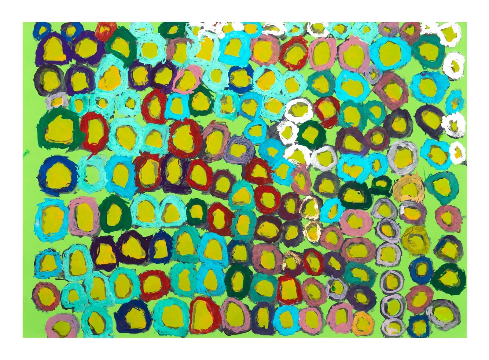 Abstract acrylic and ink painting densely filled with oval ring shapes in varied colors on a bright green background.