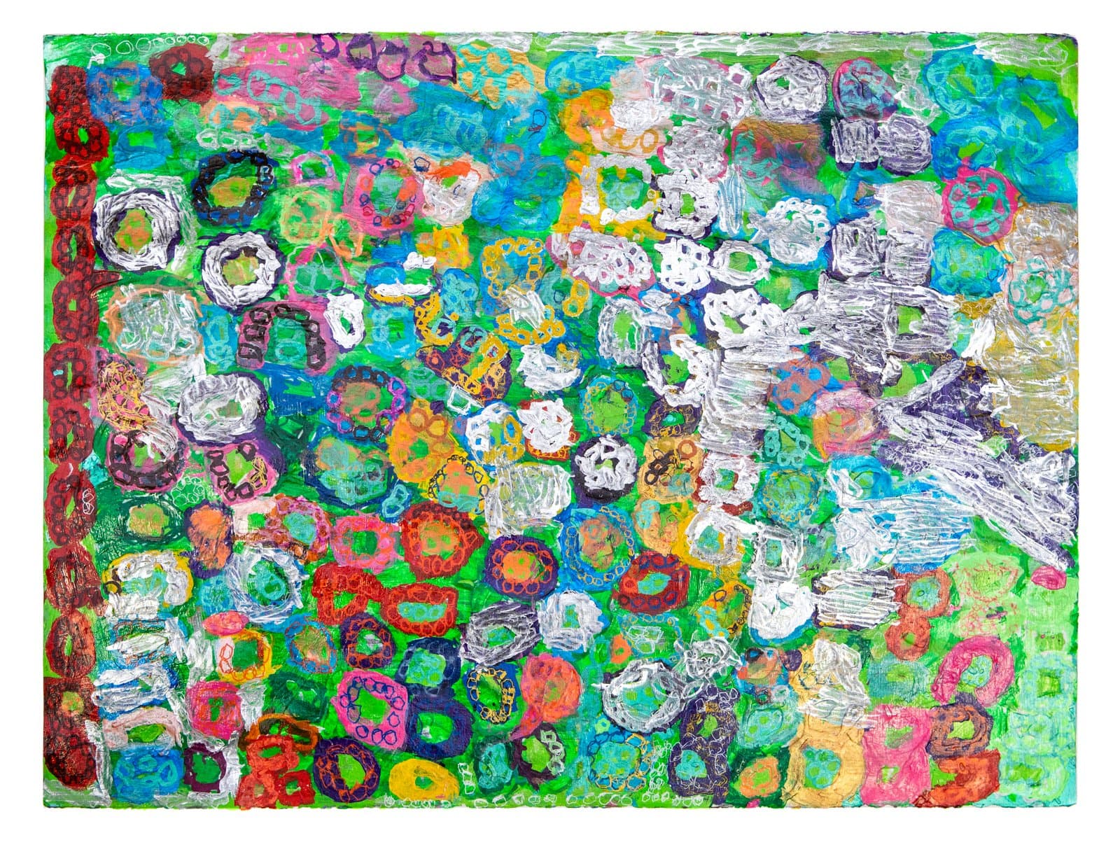 Abstract acrylic painting densely packed with overlapping ring and oval shapes in vivid multicolor on a green background.