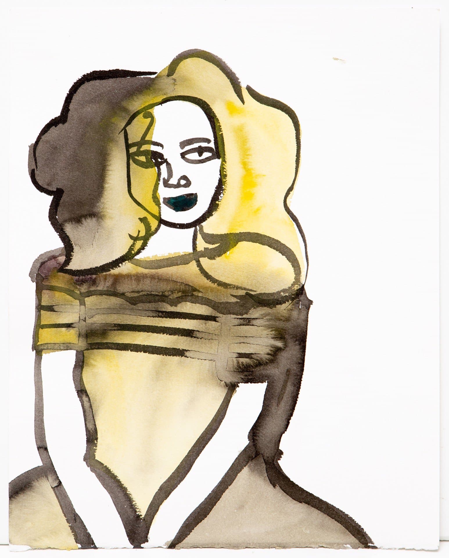 Watercolor and ink portrait of a figure with flowing hair and striped top on white paper
