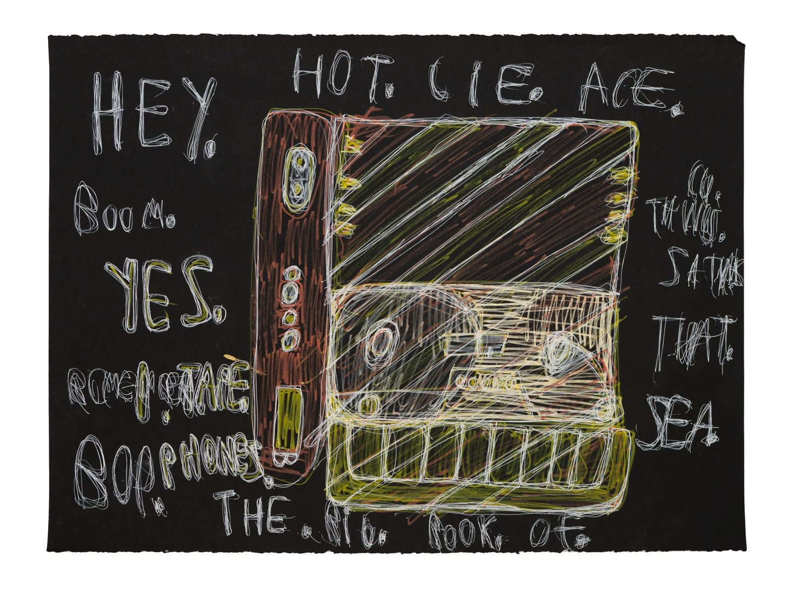 Drawing of a boombox with cassette tape in yellow and red on black paper, surrounded by handwritten words in white ink.