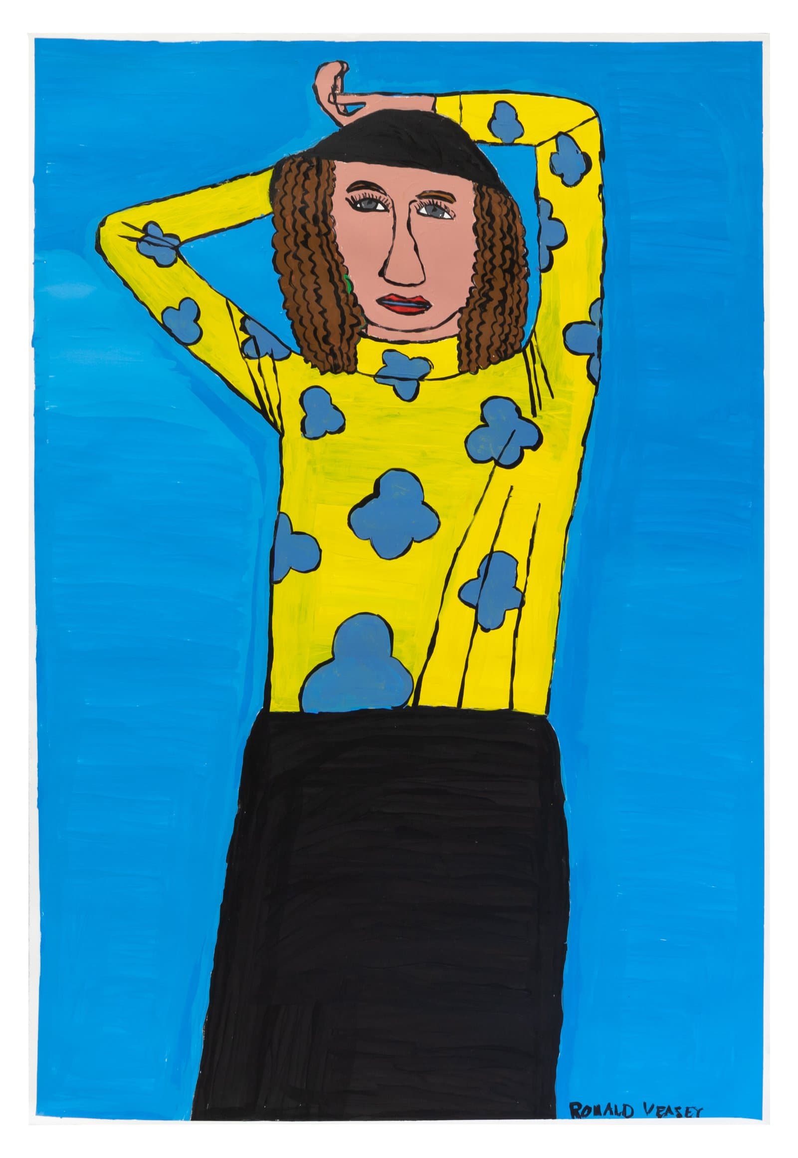 Figurative acrylic painting of a woman in a yellow patterned top and black skirt against a bright blue background.