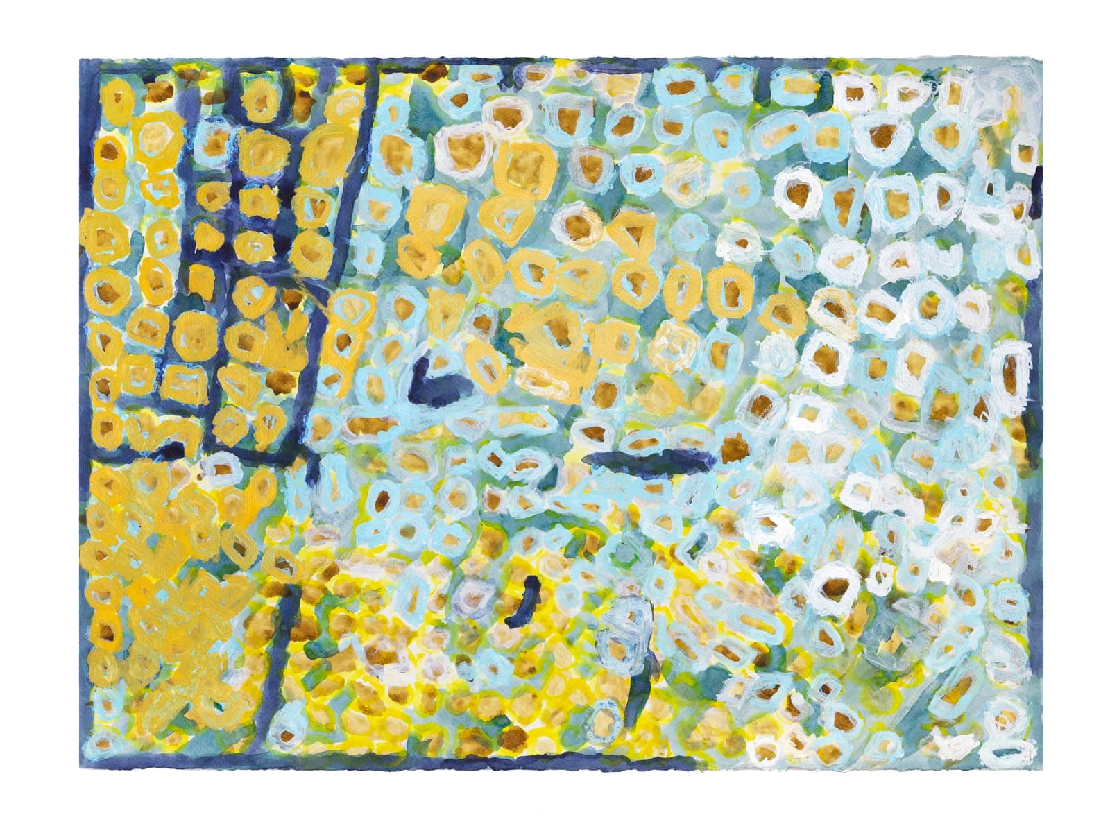 Abstract acrylic and ink painting densely filled with small oval ring shapes in yellow, gold, white, and blue on a light blue ground.