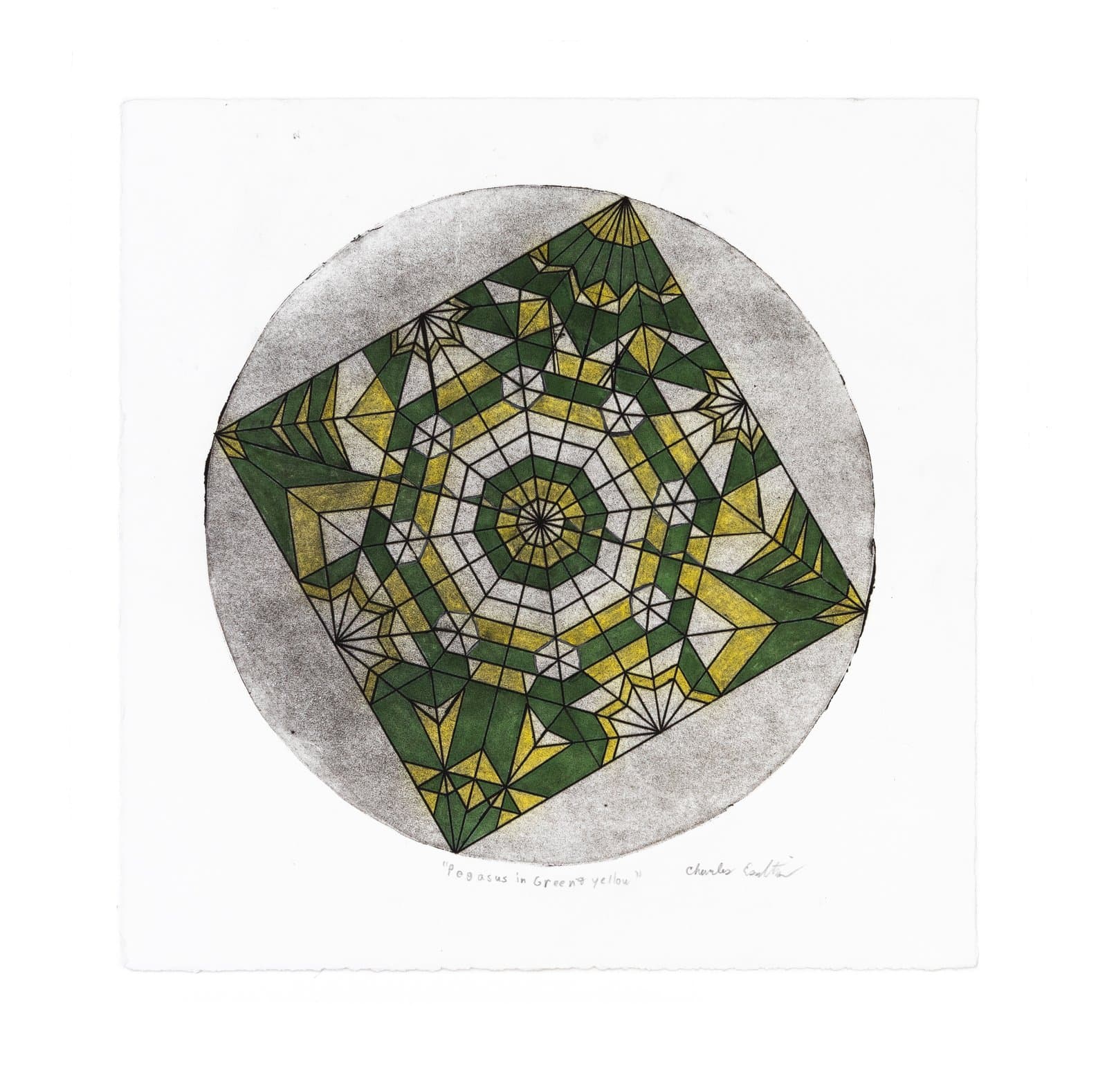 Hand-colored etching of a diamond-shaped geometric mandala in green and yellow, set within a gray circle on white paper.